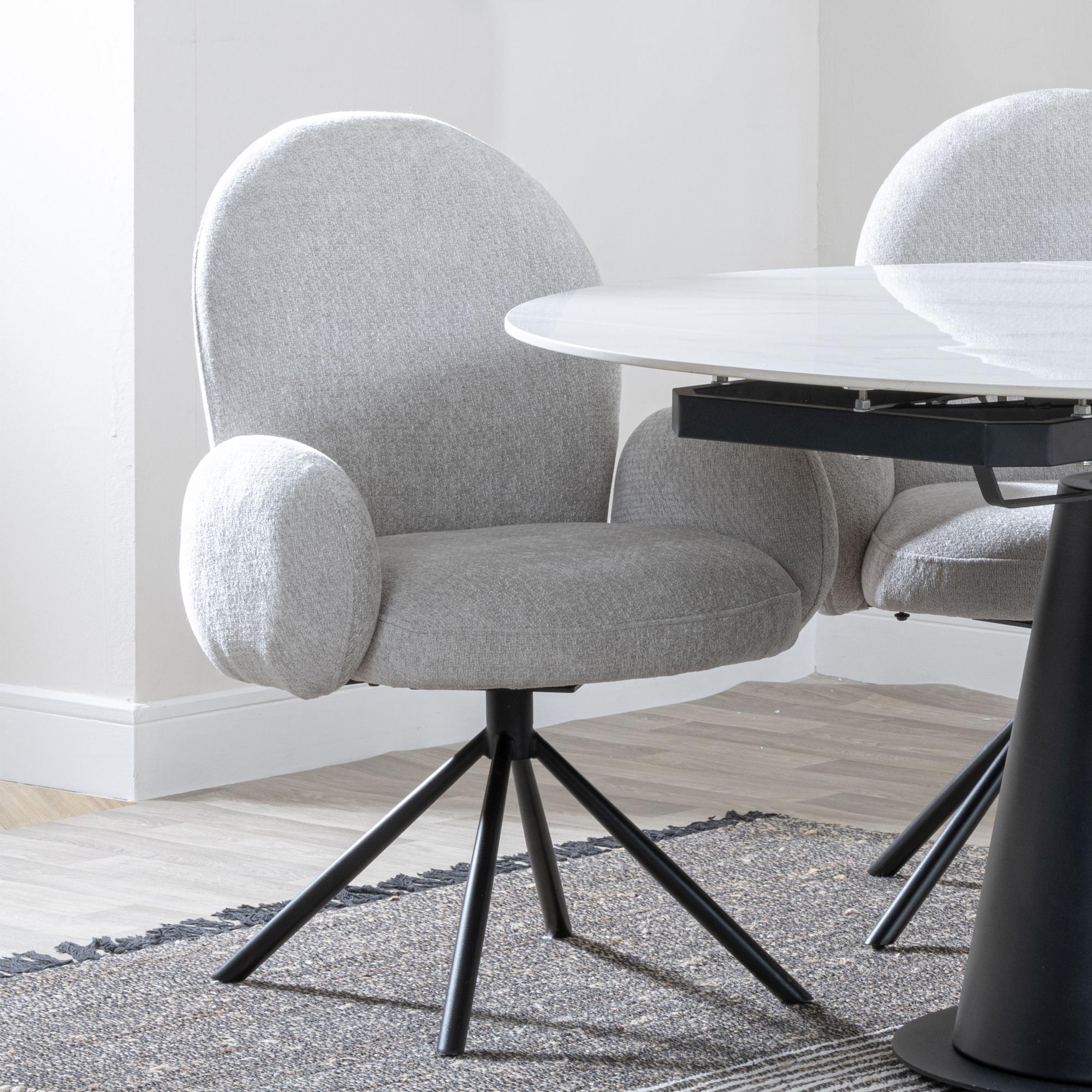 Theo Dining Armchair - Swivel - Grey Fabric - Black Legs