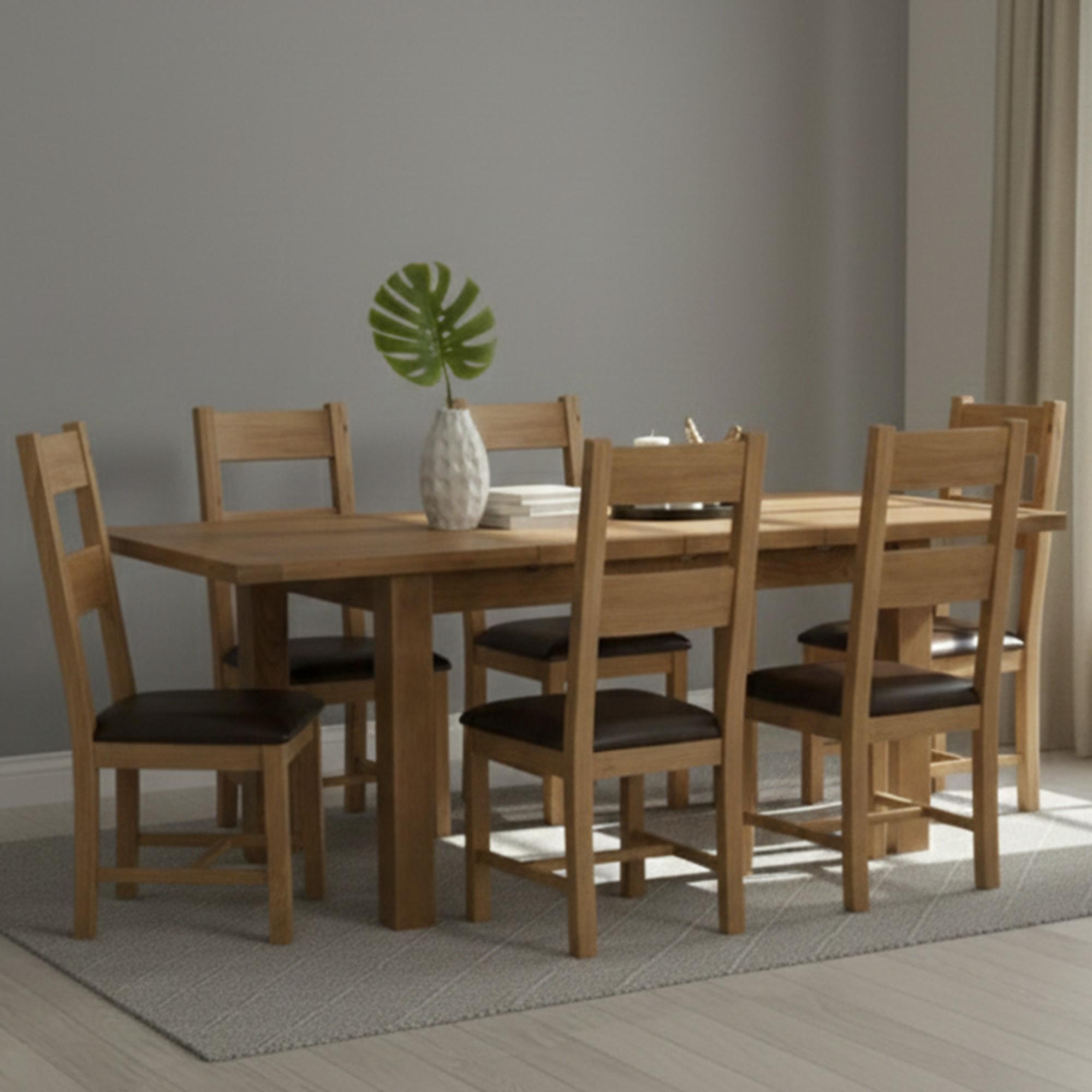 Original Extending Dining Set - 6-8 Seater - 180cm-250cm - Rustic Oak - 6 Ladder Back Chair with Dark Brown Faux Leather Seat Pad