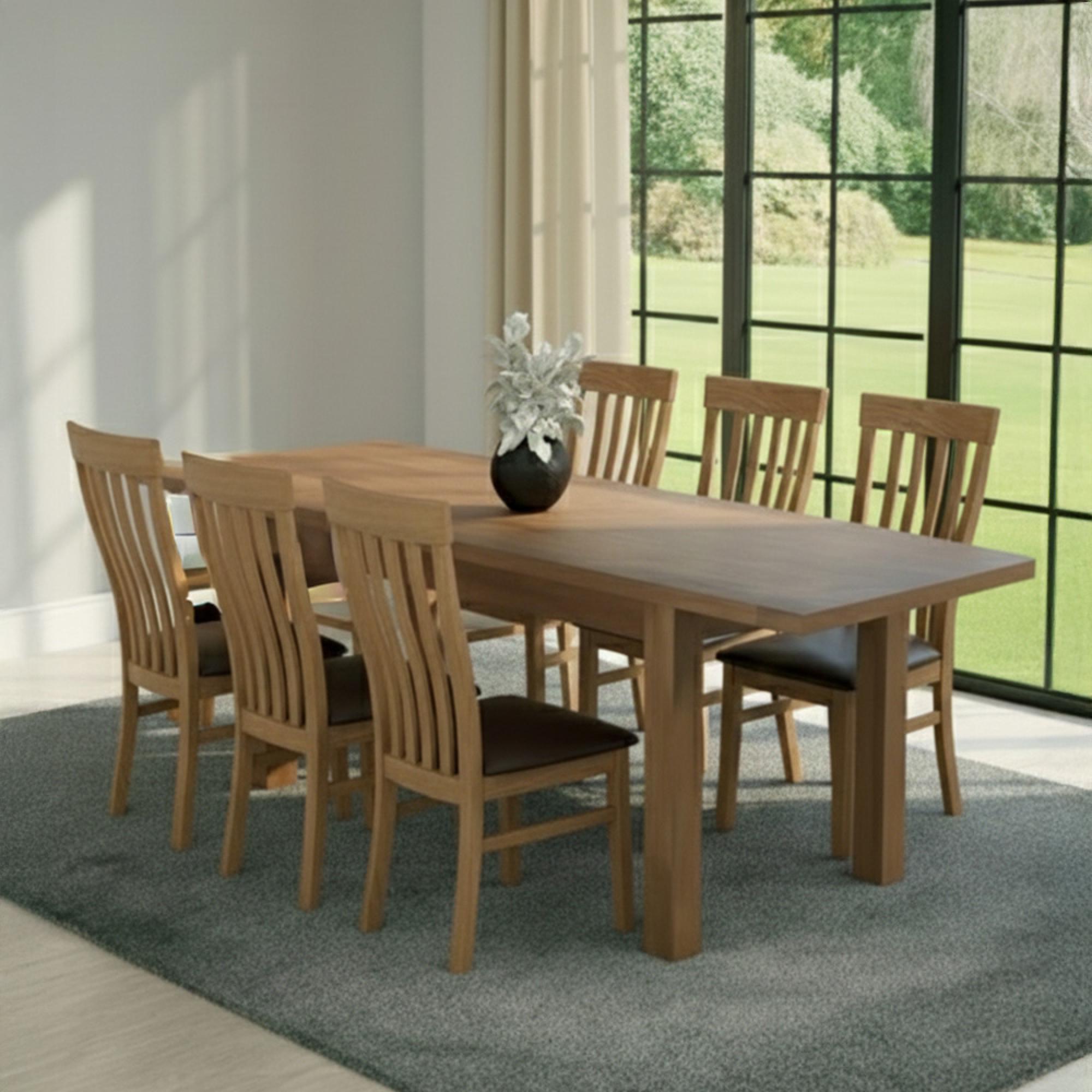 Original Extending Dining Set - 6-8 Seater - 180cm-250cm - Rustic Oak - 6 Toulouse Slatted Chair with Dark Brown Faux Leather Seat Pad