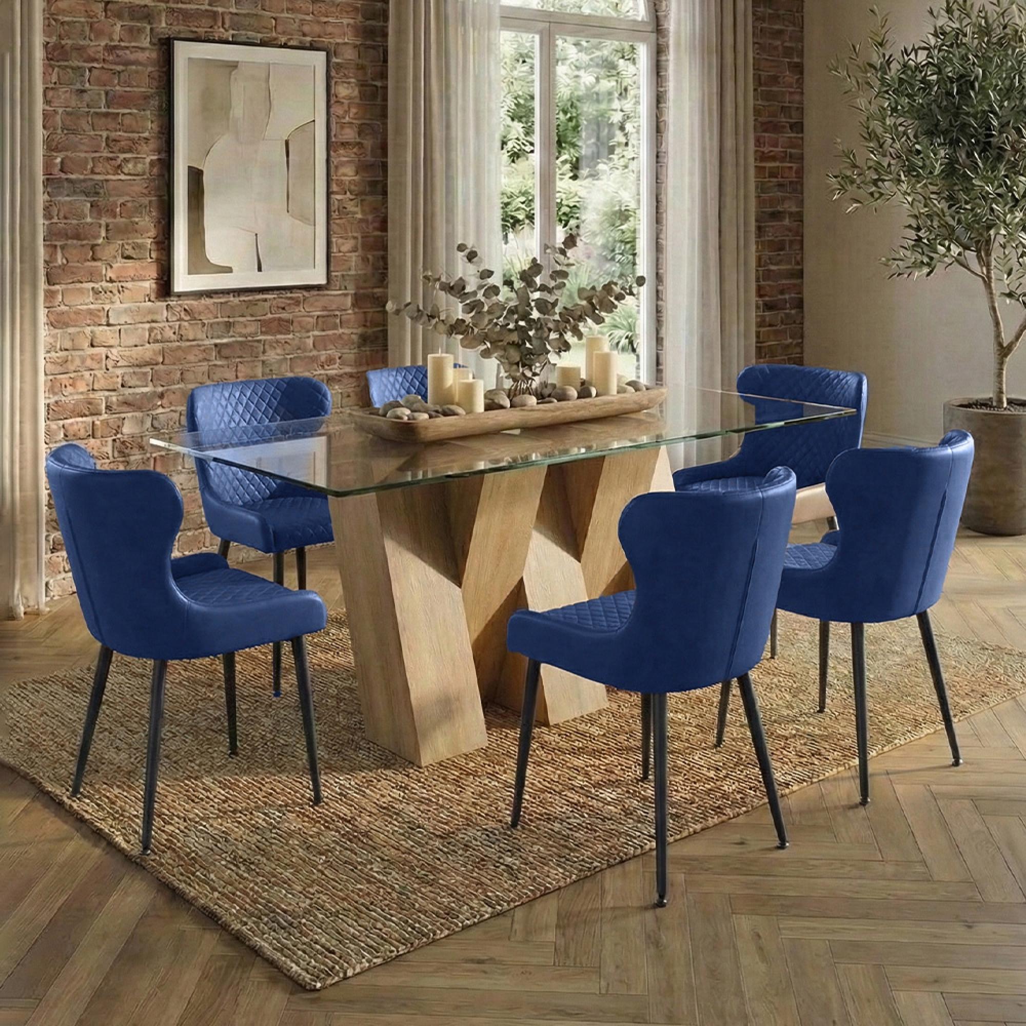 Newton Dining Set - 6 Seater - 180cm - Clear Glass and Natural - 6 Langley Blue Fabric Chair
