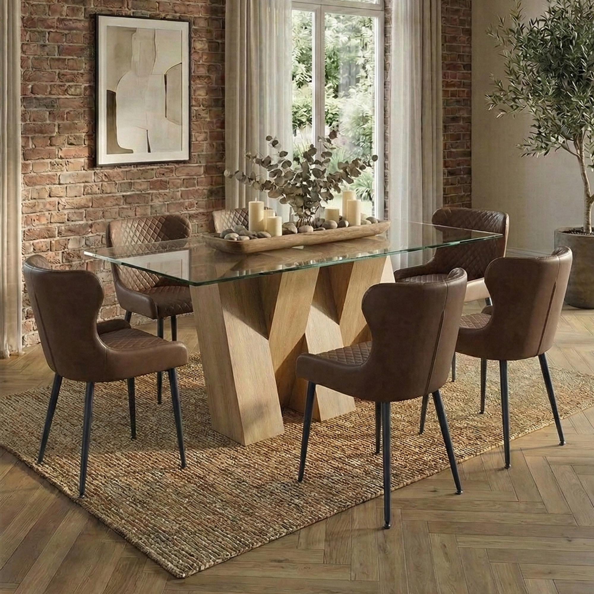 Newton Dining Set - 6 Seater - 180cm - Clear Glass and Natural - 6 Langley Brown Faux Leather Chair
