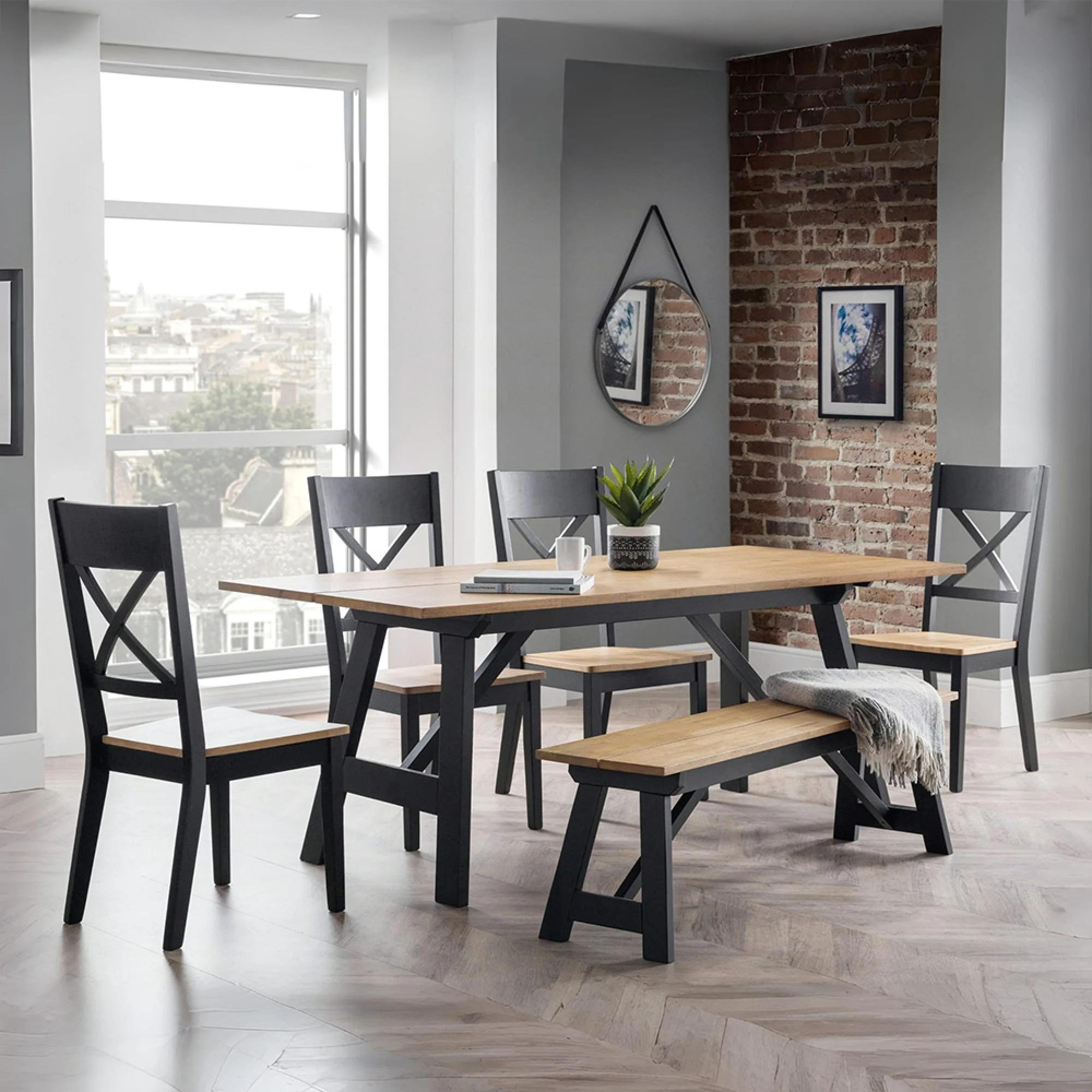 Hockley Dining Set - 190cm - 6 Seater - 4 Chairs & 1 Bench - Oak