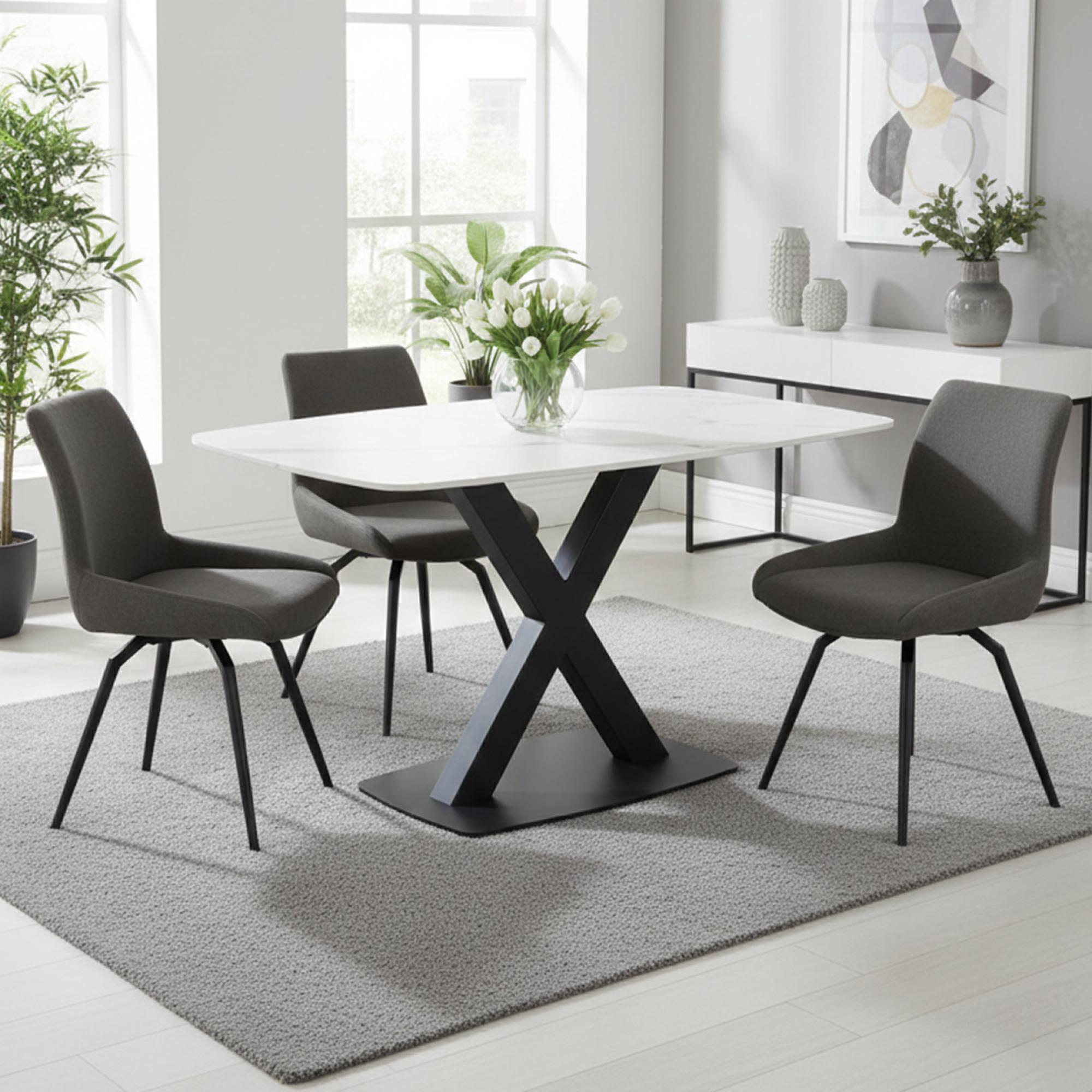 Vernal Dining Set - 4 Seater - 130cm - White Sintered Stone - 4 Malcom Dark Grey Fabric Swivel Chair