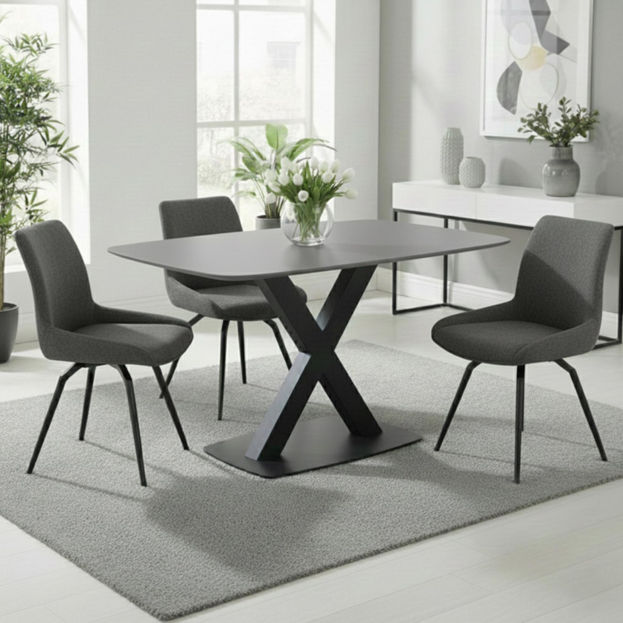 Vernal Dining Set - 4 Seater - 130cm - Grey Sintered Stone - 4 Malcom Dark Grey Fabric Swivel Chair