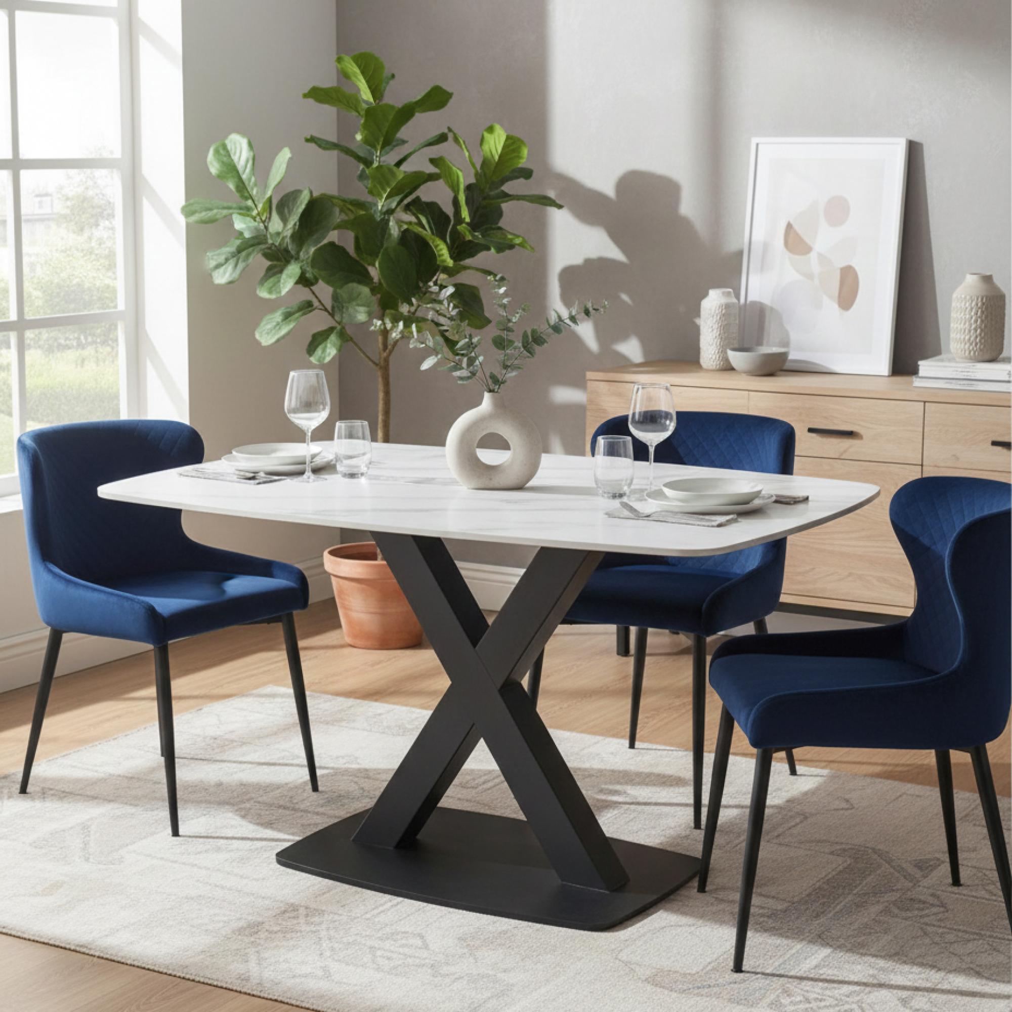 Vernal Dining Set - 4 Seater - 130cm - White Sintered Stone - 4 Langley Blue Fabric Chair