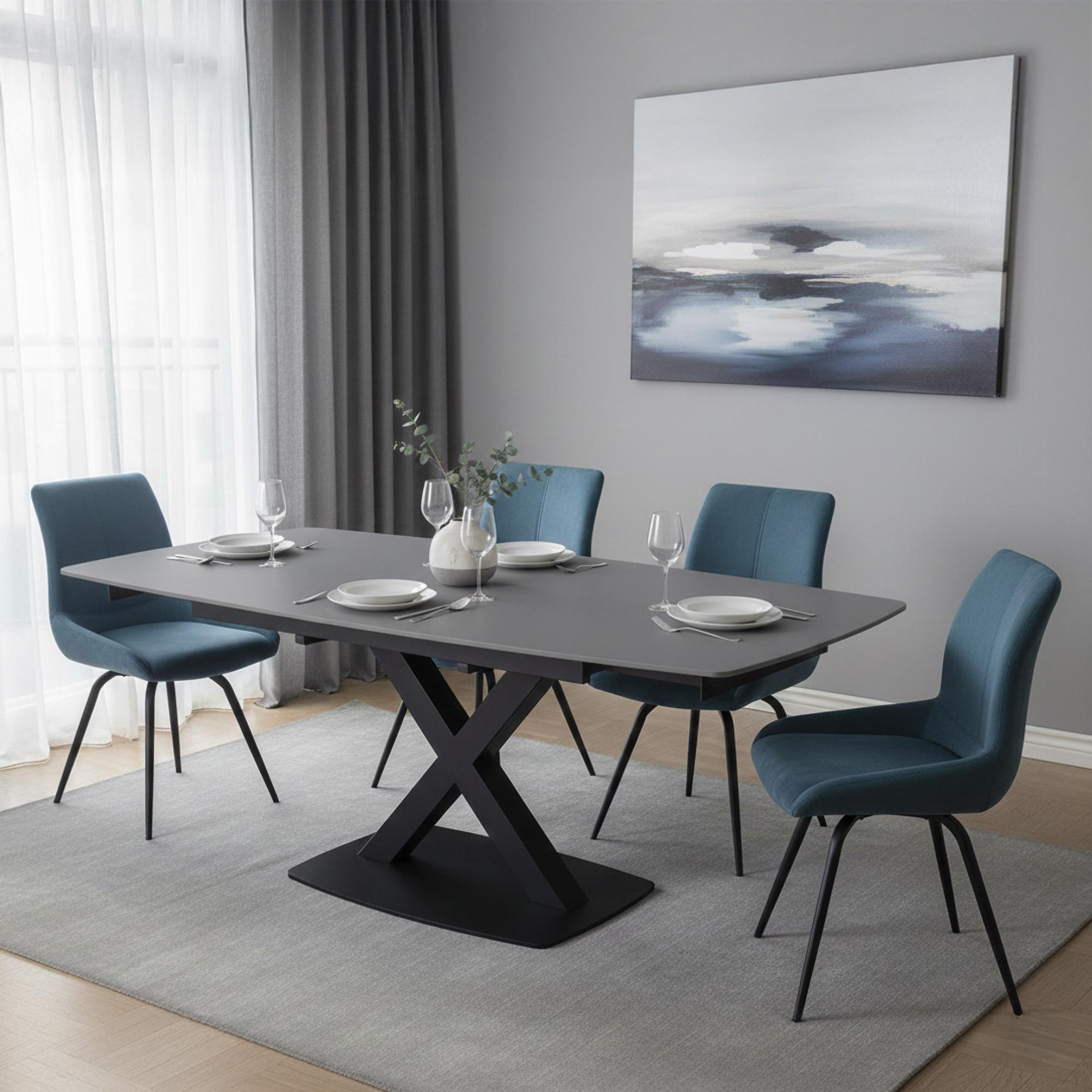 Vernal Extending Dining Set - 4-8 Seater - 140cm-200cm - Grey Sintered Stone - 4 Malcom Blue Fabric Swivel Chair