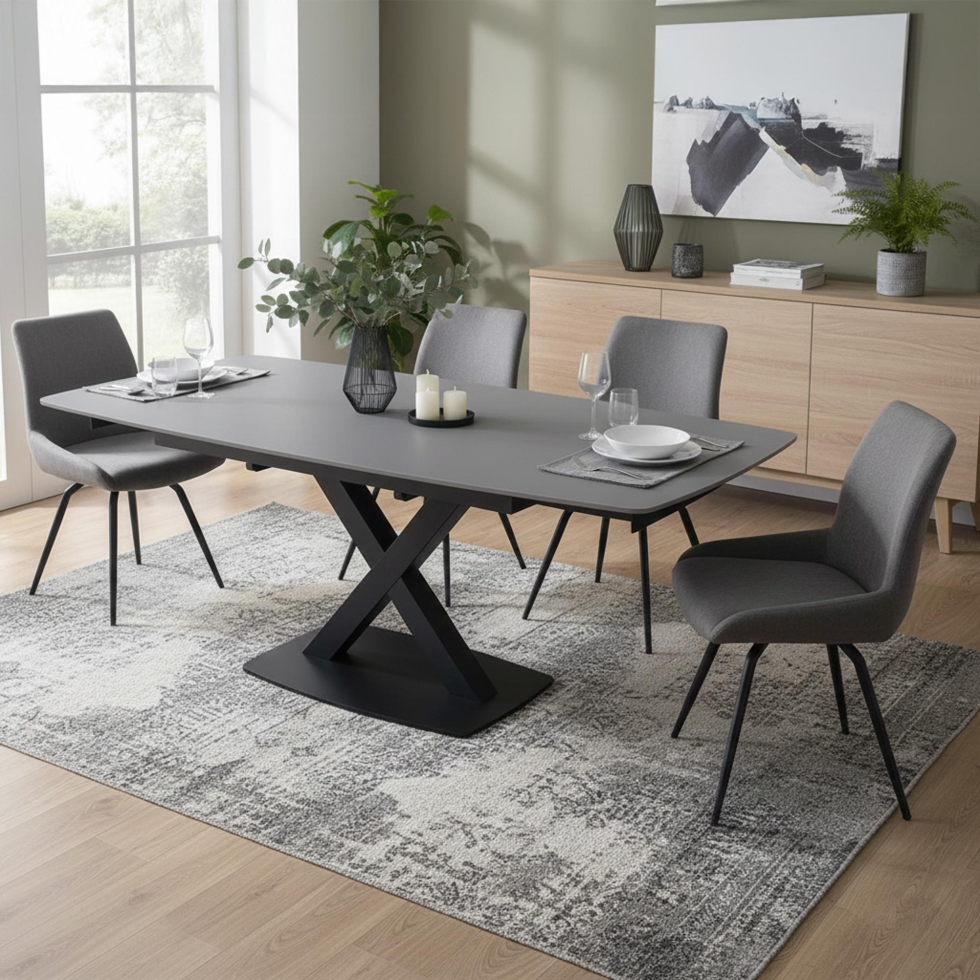 Vernal Extending Dining Set - 4-8 Seater - 140cm-200cm - Grey Sintered Stone - 4 Malcom Dark Grey Fabric Swivel Chair