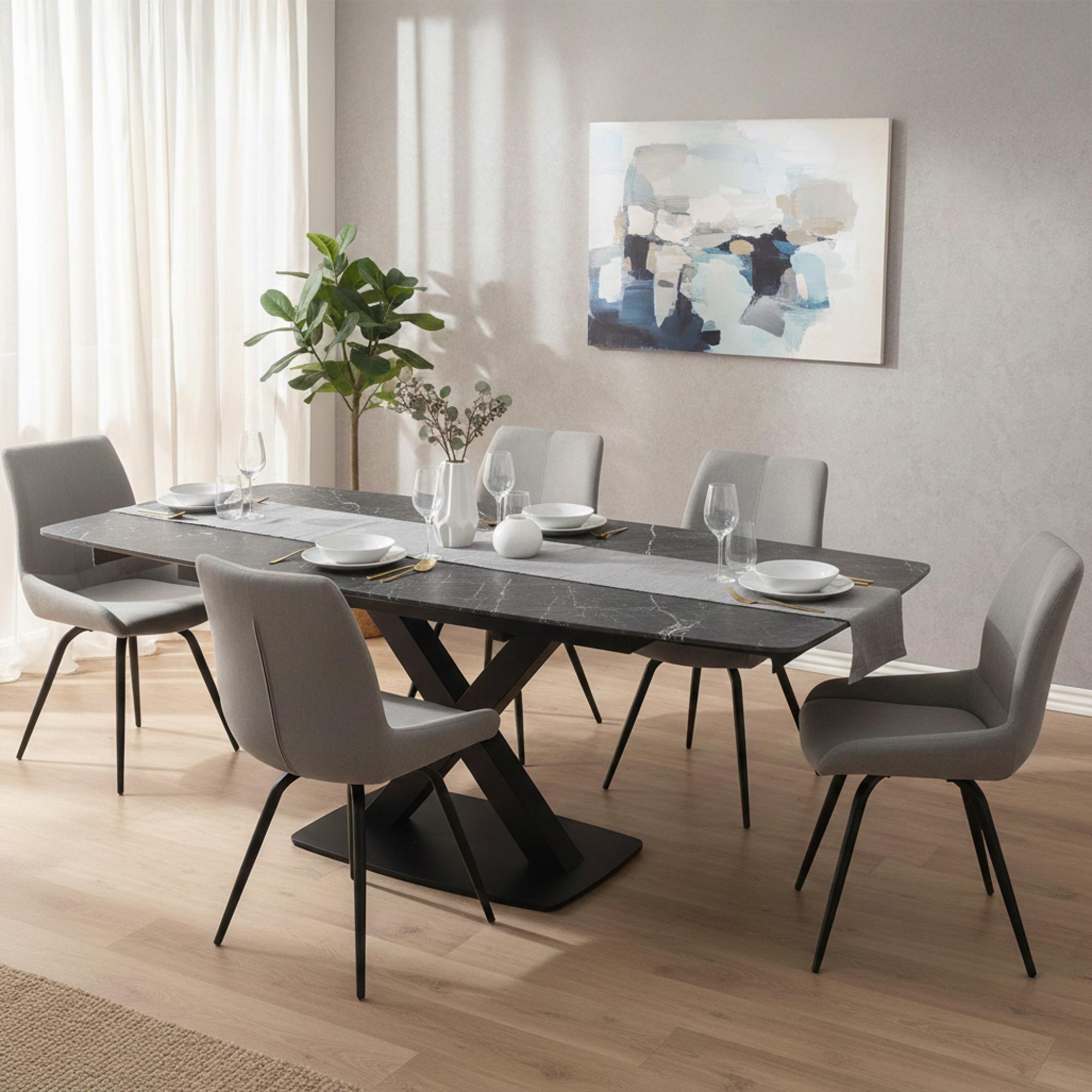 Vernal Extending Dining Set - 6-8 Seater - 160cm-240cm - Grey Sintered Stone - 6 Malcom Grey Fabric Swivel Chair