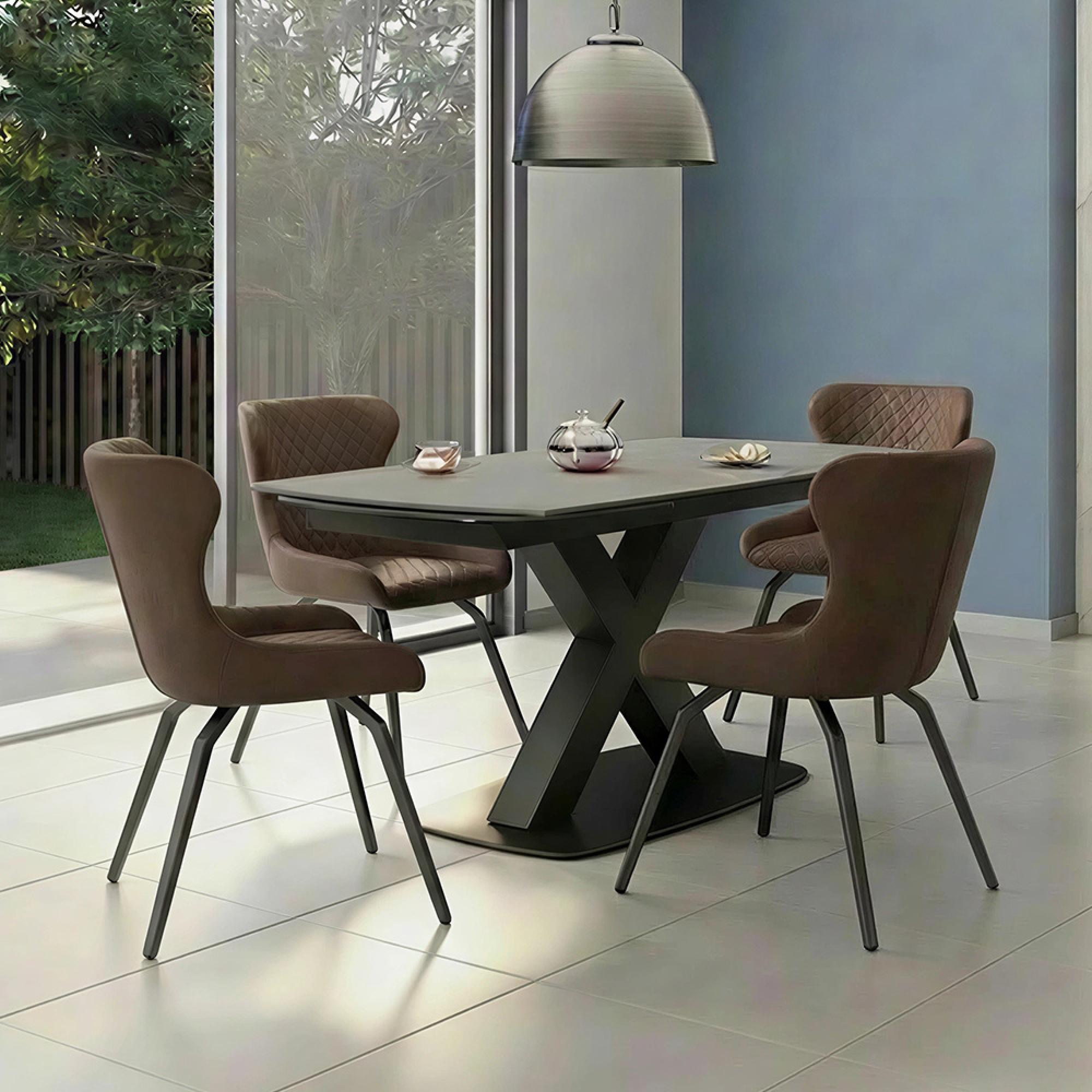 Vernal Extending Dining Set - 4-8 Seater - 140cm-200cm - Grey Sintered Stone - 4 Langley Brown Faux Leather Chair