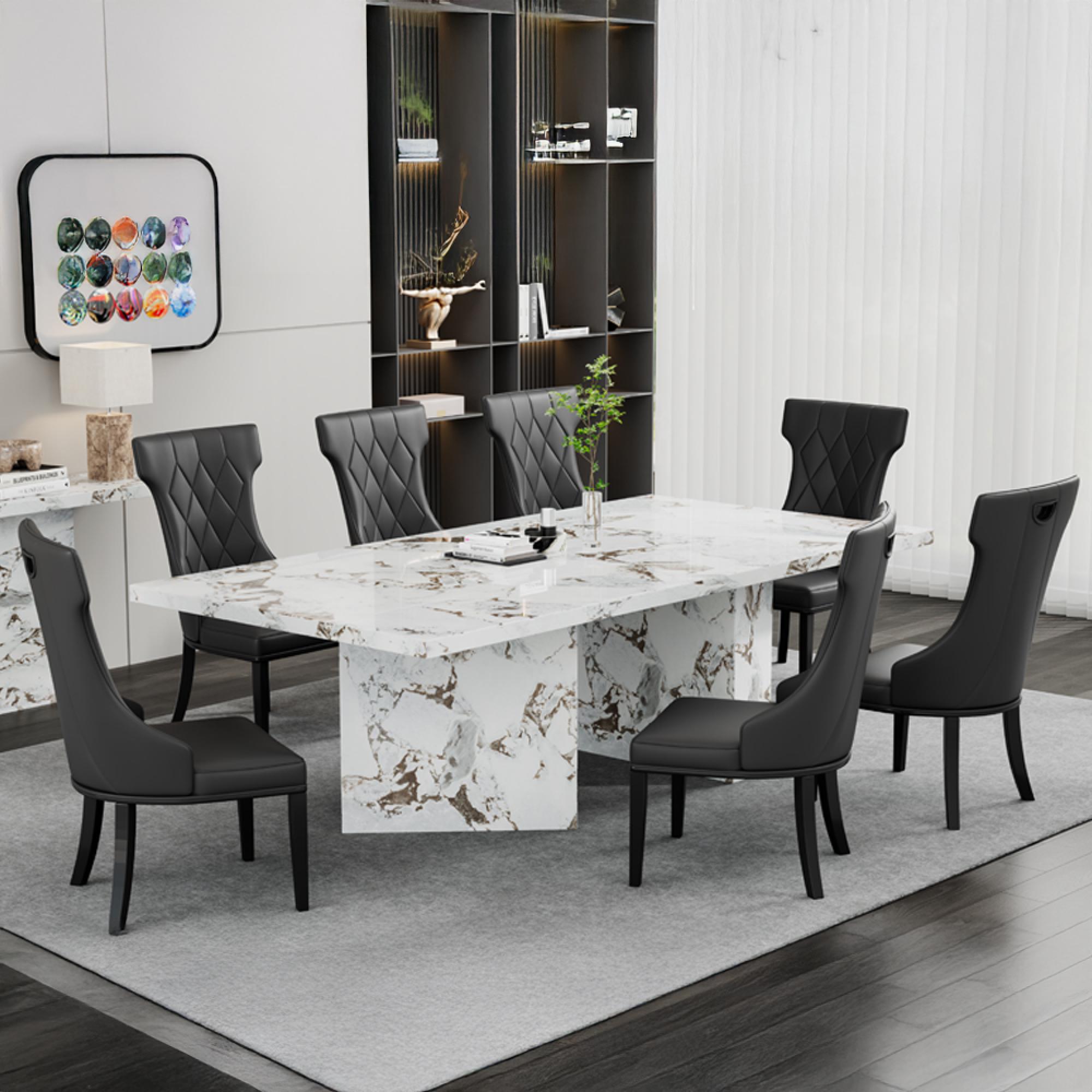 Viola Dining Set - 8 Seater - 200cm - White Marble - Mimi Dining Chairs - Black Leather - Large High Back