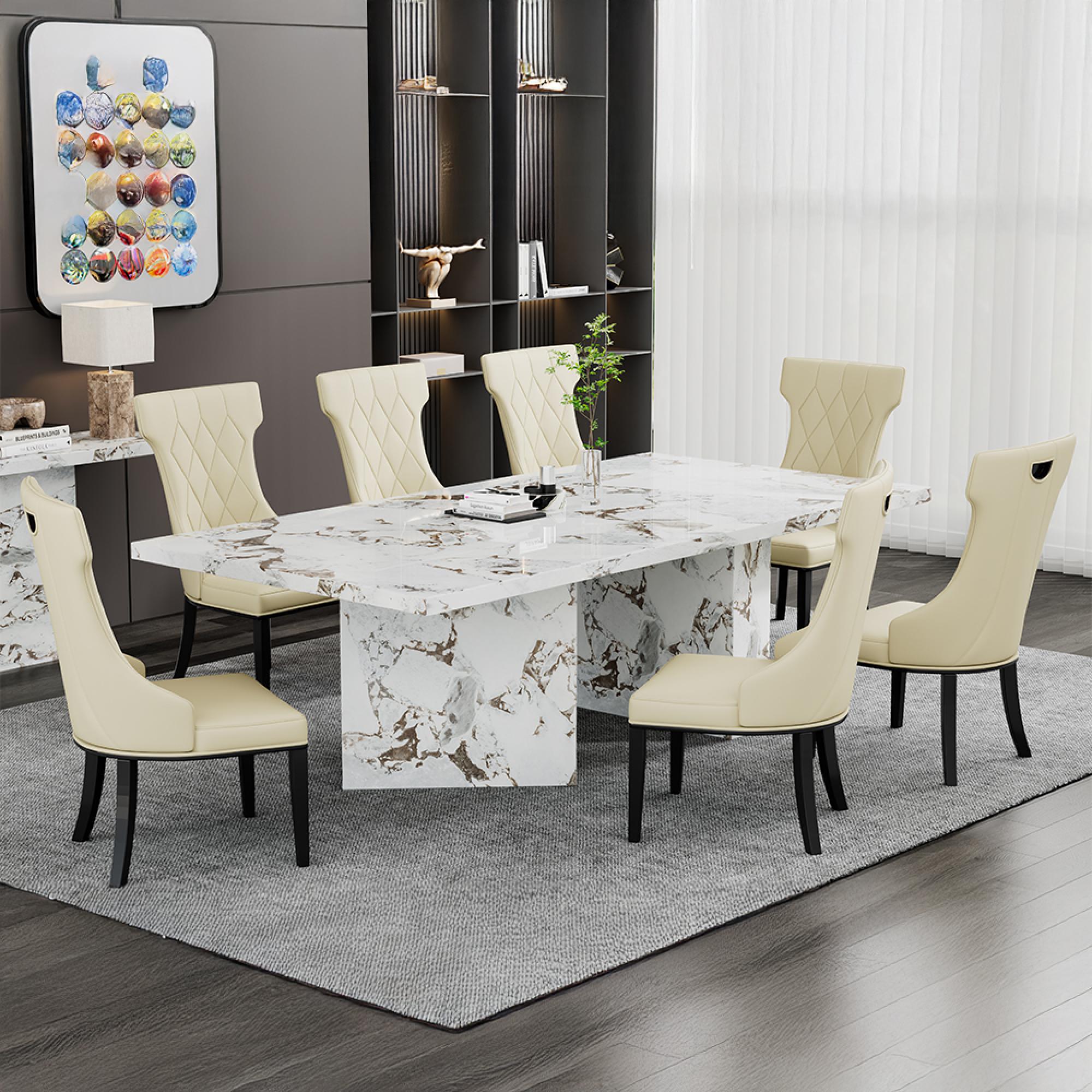 Viola Dining Set - 8 Seater - 200cm - White Marble - Mimi Dining Chairs - Cream Leather - Large High Back
