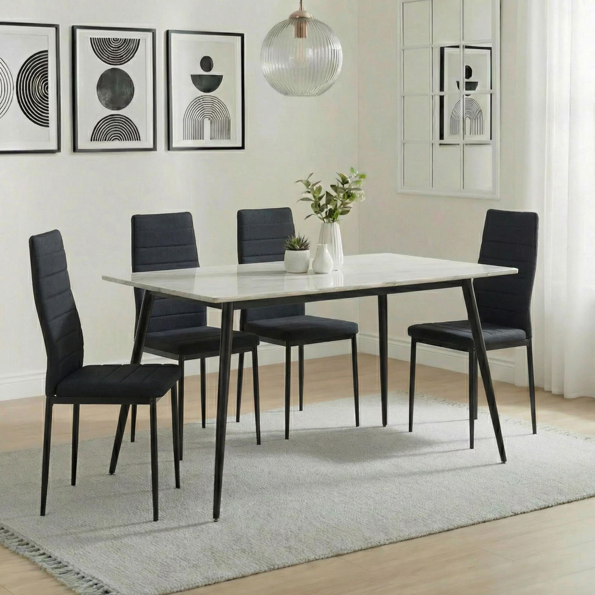 Breton Compact Dining Set - 4 Seater - 120cm - White Ceramic - 4x Lido Dining Chairs - Black Fabric - Black Legs