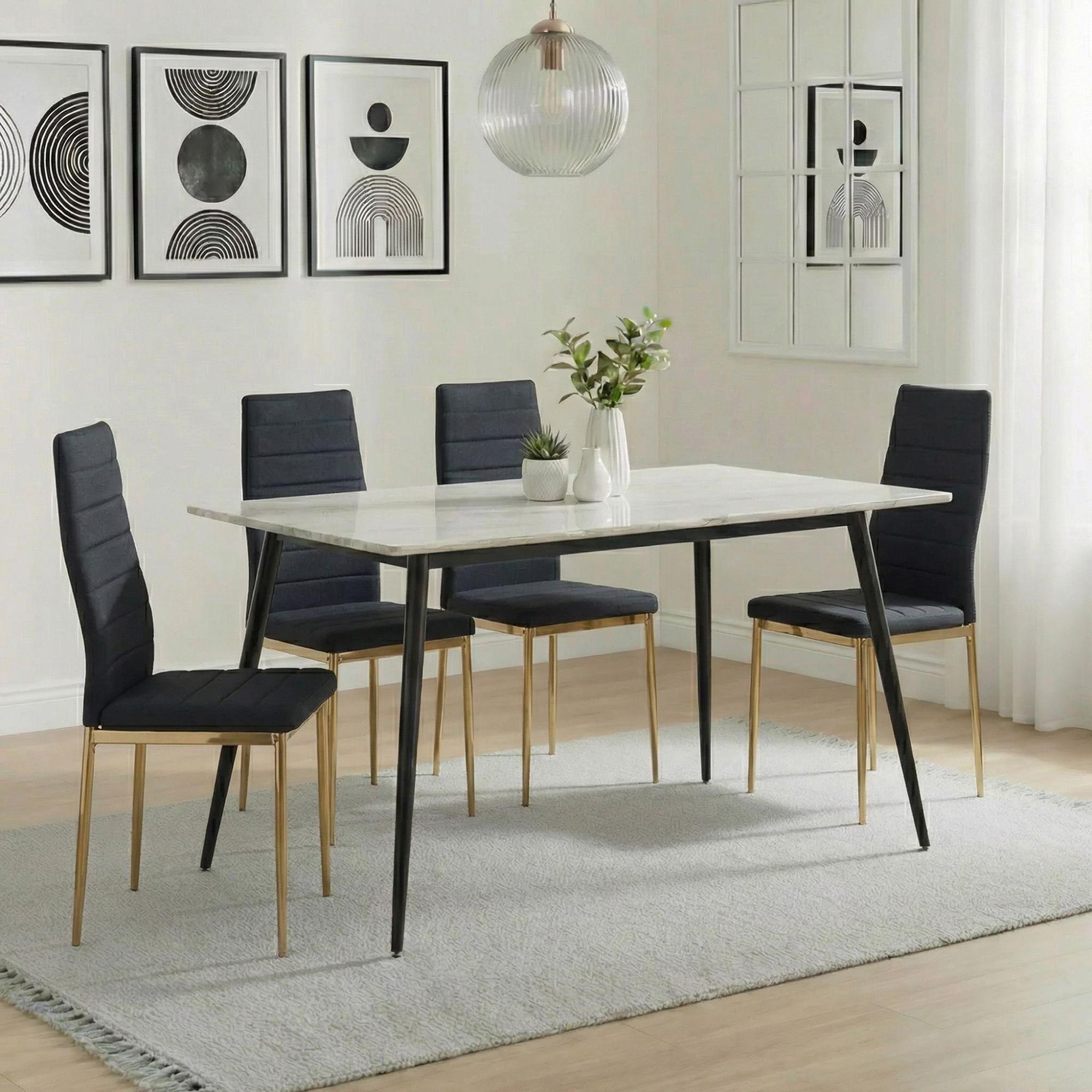 Breton Compact Dining Set - 4 Seater - 120cm - White Ceramic - 4x Lido Dining Chairs - Black Fabric - Gold Legs