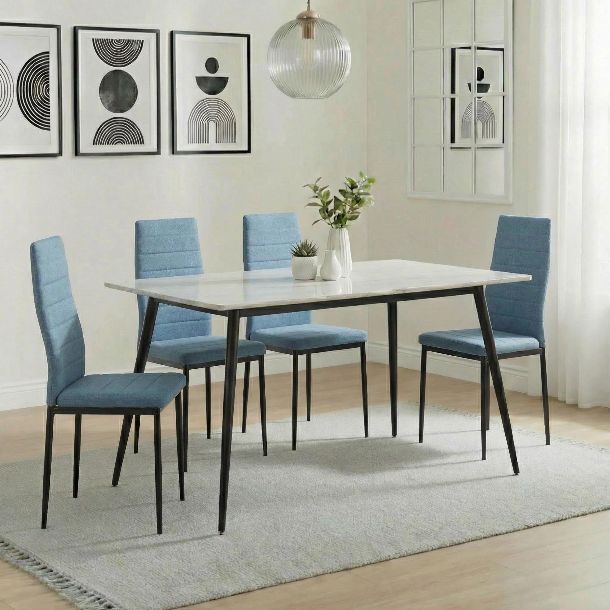 Breton Compact Dining Set - 4 Seater - 120cm - White Ceramic - 4x Lido Dining Chairs - Blue Fabric - Black Legs