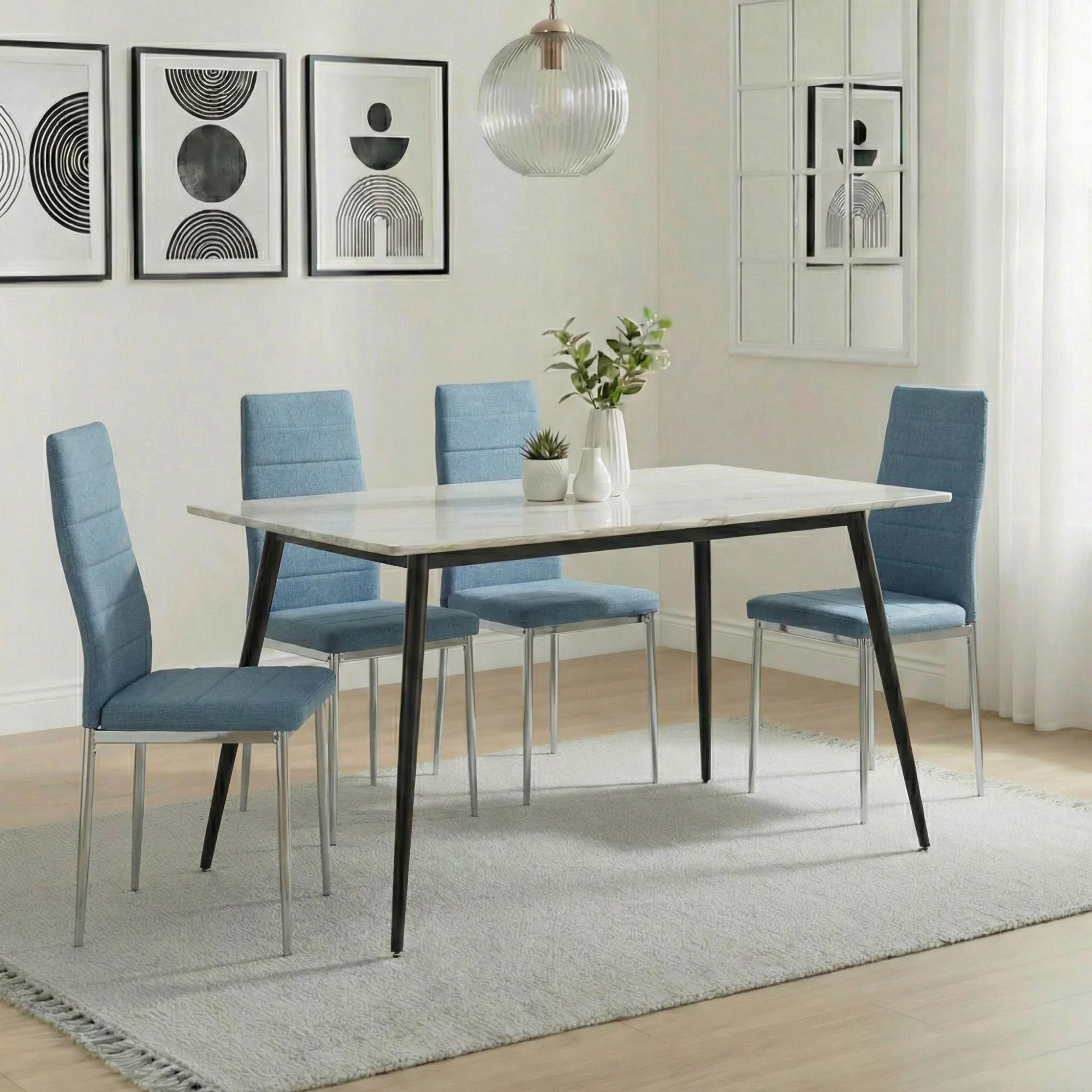 Breton Compact Dining Set - 4 Seater - 120cm - White Ceramic - 4x Lido Dining Chairs - Blue Fabric - Chrome Legs