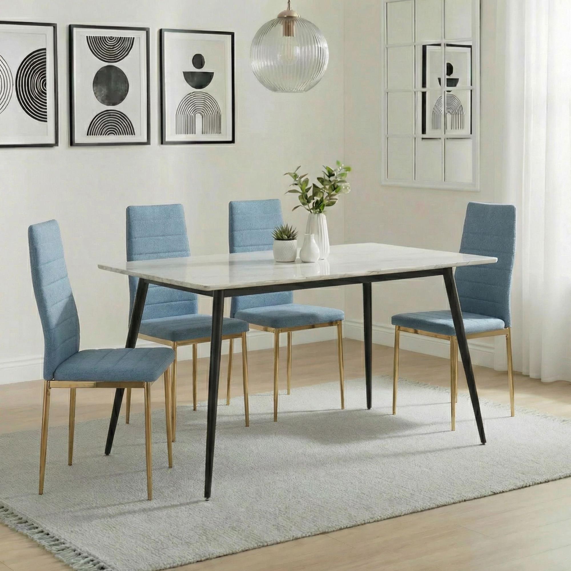 Breton Compact Dining Set - 4 Seater - 120cm - White Ceramic - 4x Lido Dining Chairs - Blue Fabric - Gold Legs