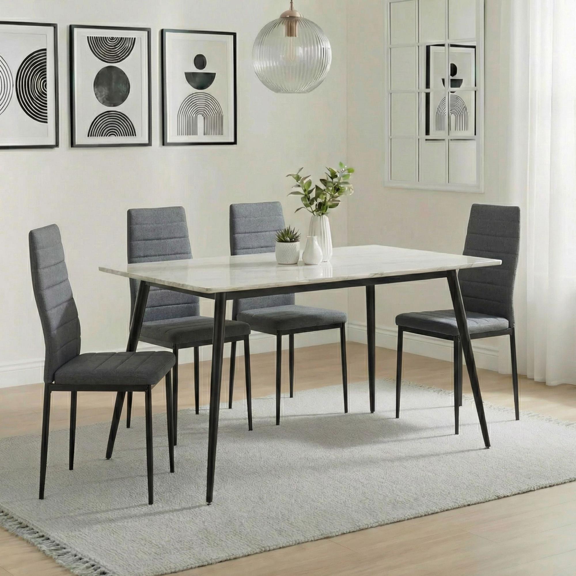 Breton Compact Dining Set - 4 Seater - 120cm - White Ceramic - 4x Lido Dining Chairs - Dark Grey Fabric - Black Legs