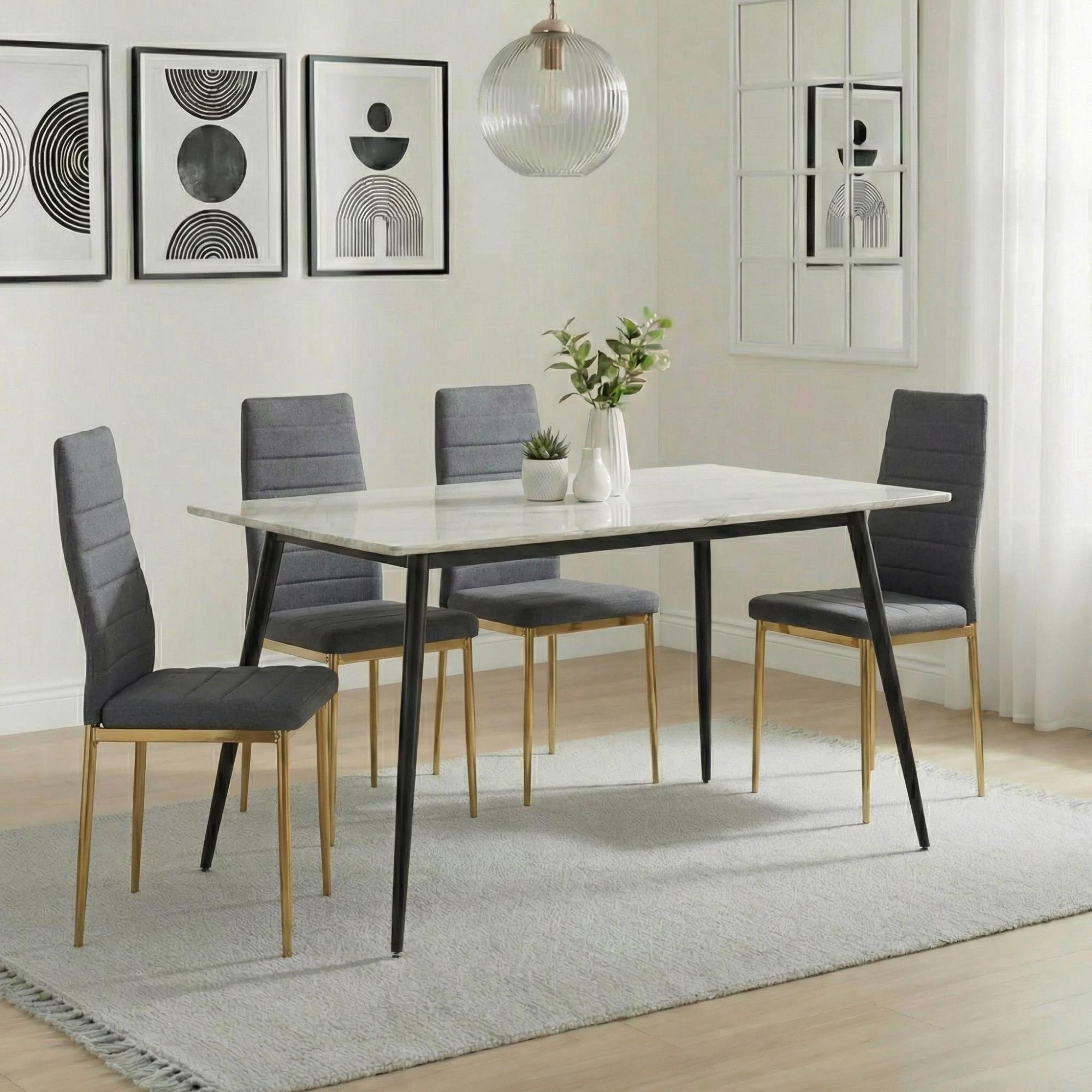Breton Compact Dining Set - 4 Seater - 120cm - White Ceramic - 4x Lido Dining Chairs - Dark Grey Fabric - Gold Legs