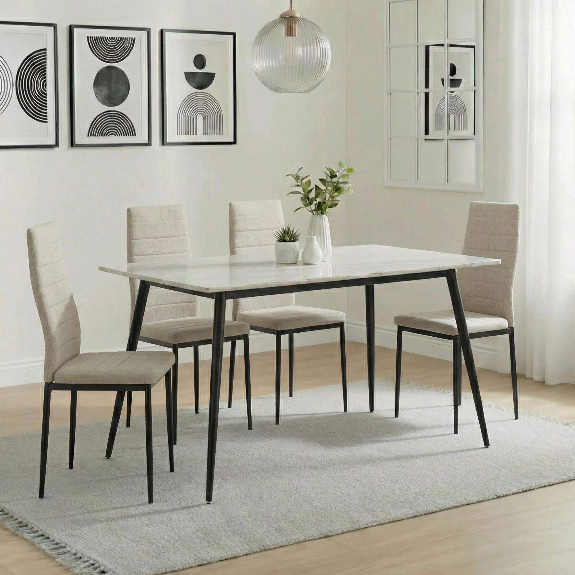 Breton Compact Dining Set - 4 Seater - 120cm - White Ceramic - 4x Lido Dining Chairs - Sand Fabric - Black Legs