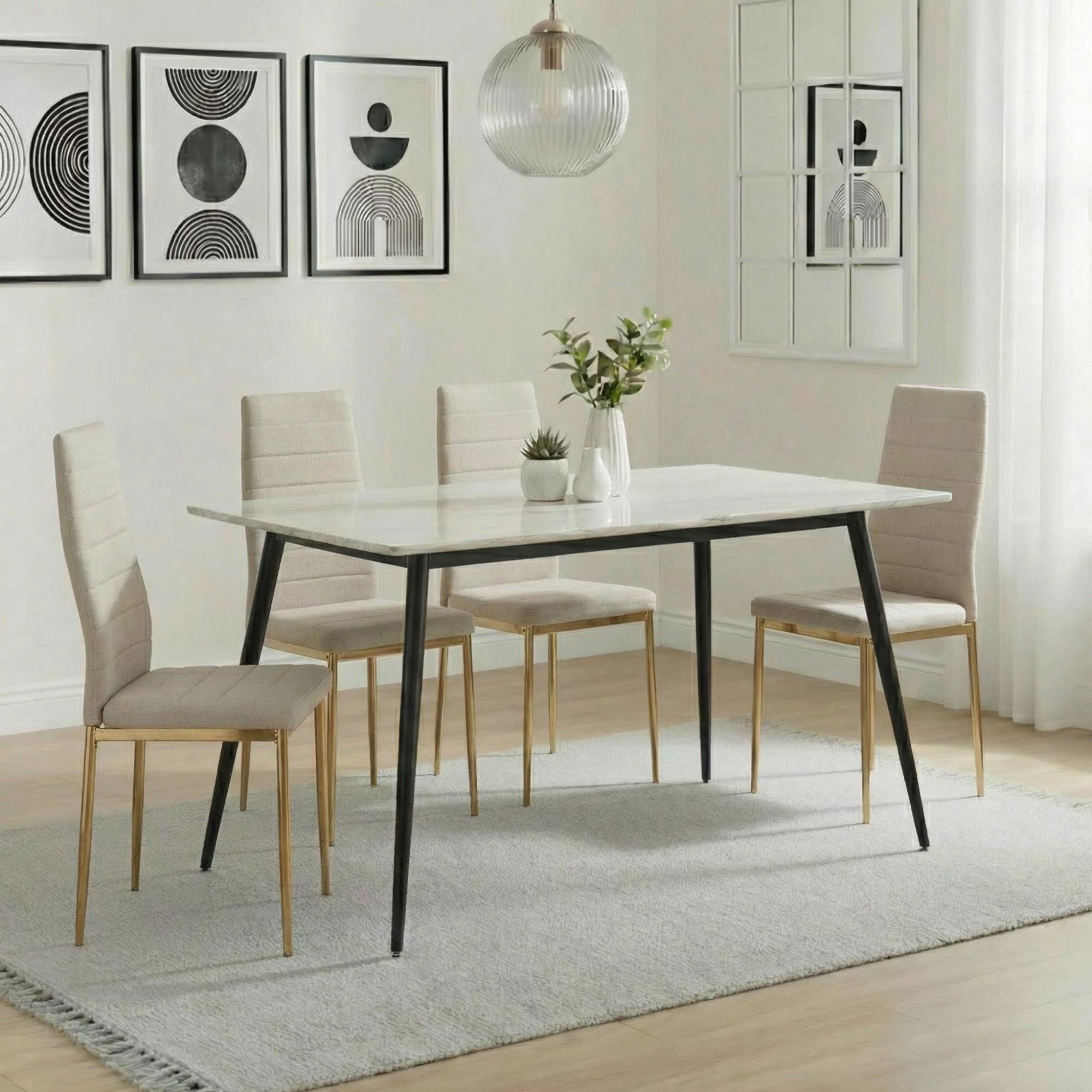Breton Compact Dining Set - 4 Seater - 120cm - White Ceramic - 4x Lido Dining Chairs - Sand Fabric - Gold Legs
