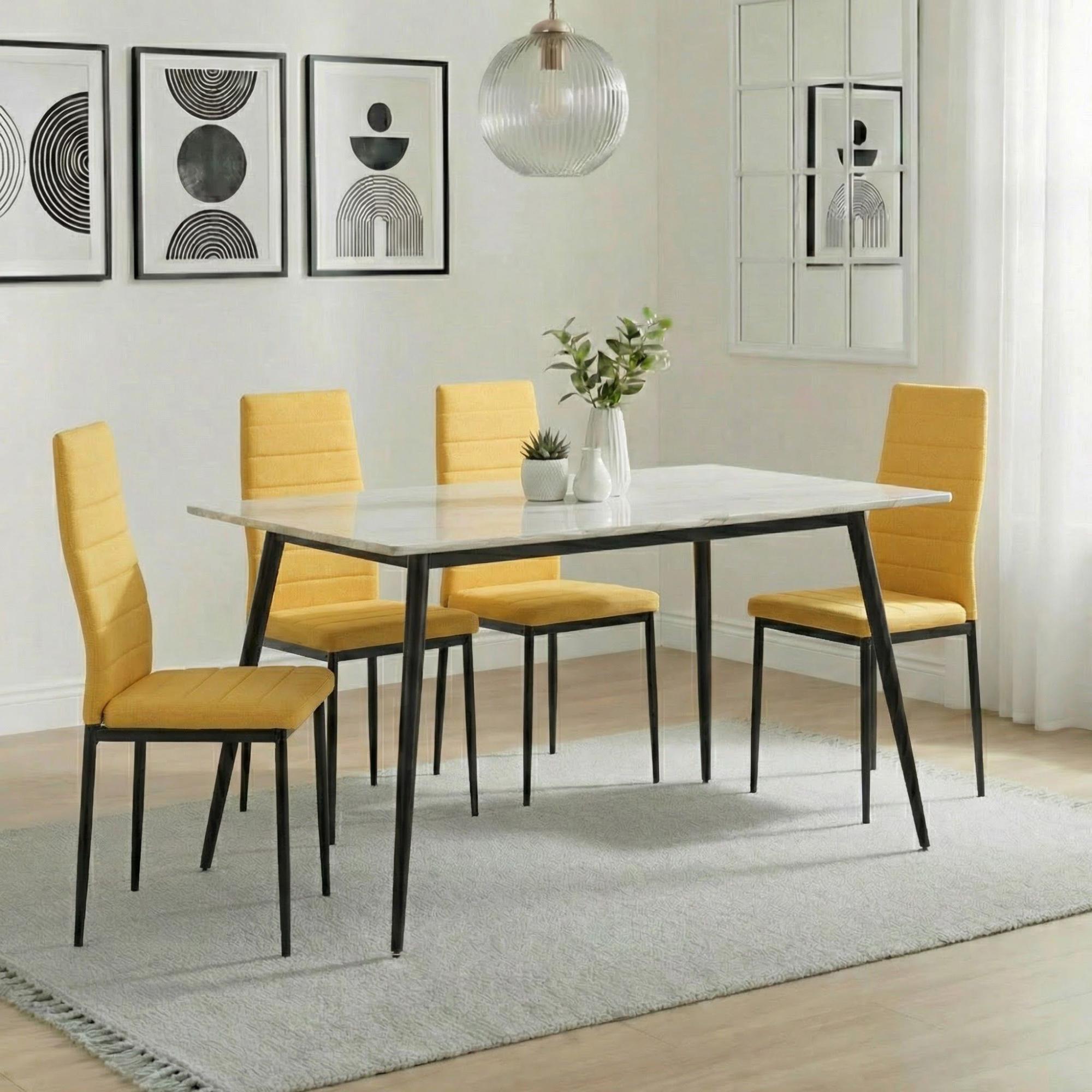 Breton Compact Dining Set - 4 Seater - 120cm - White Ceramic - 4x Lido Dining Chairs - Yellow Fabric - Black Legs