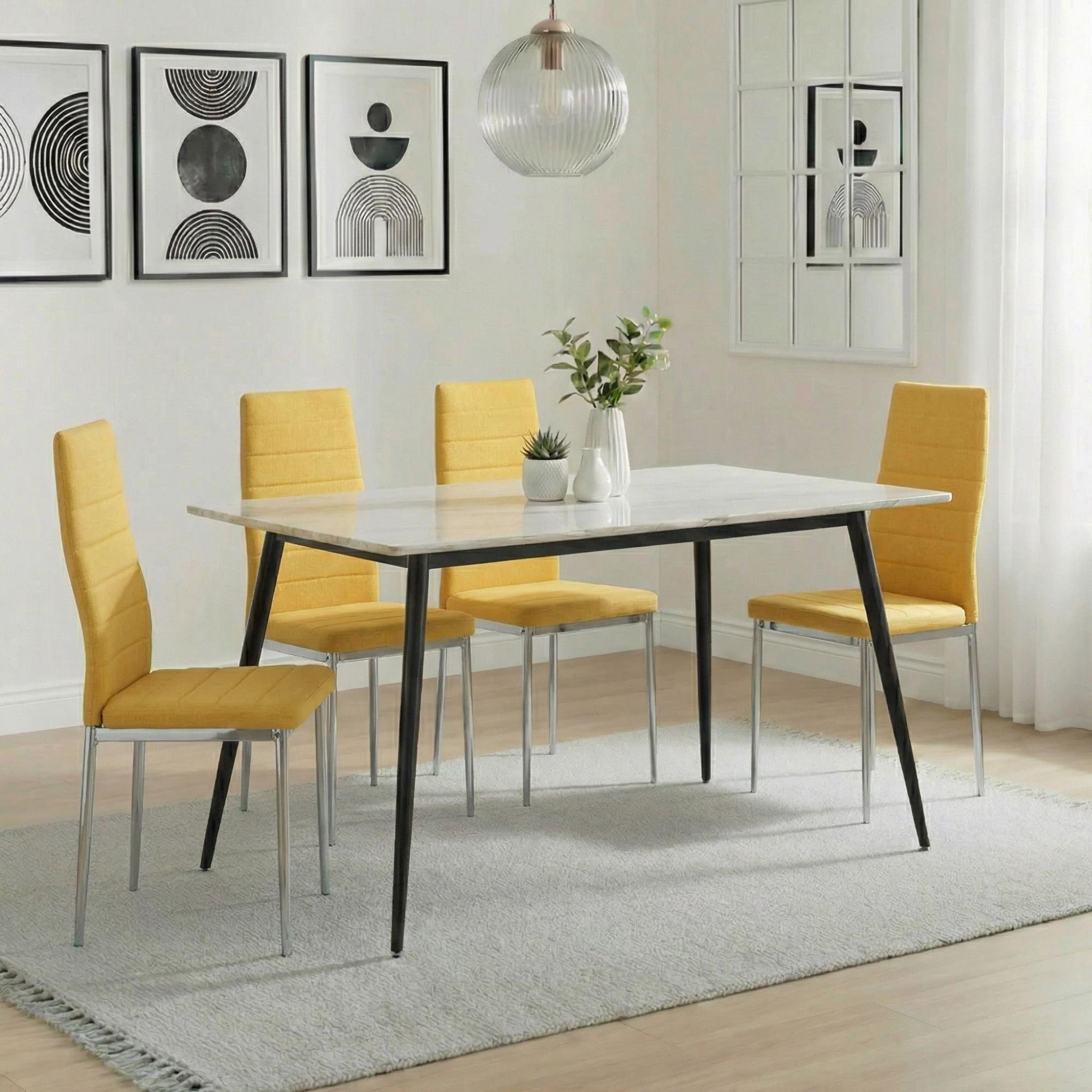 Breton Compact Dining Set - 4 Seater - 120cm - White Ceramic - 4x Lido Dining Chairs - Yellow Fabric - Chrome Legs