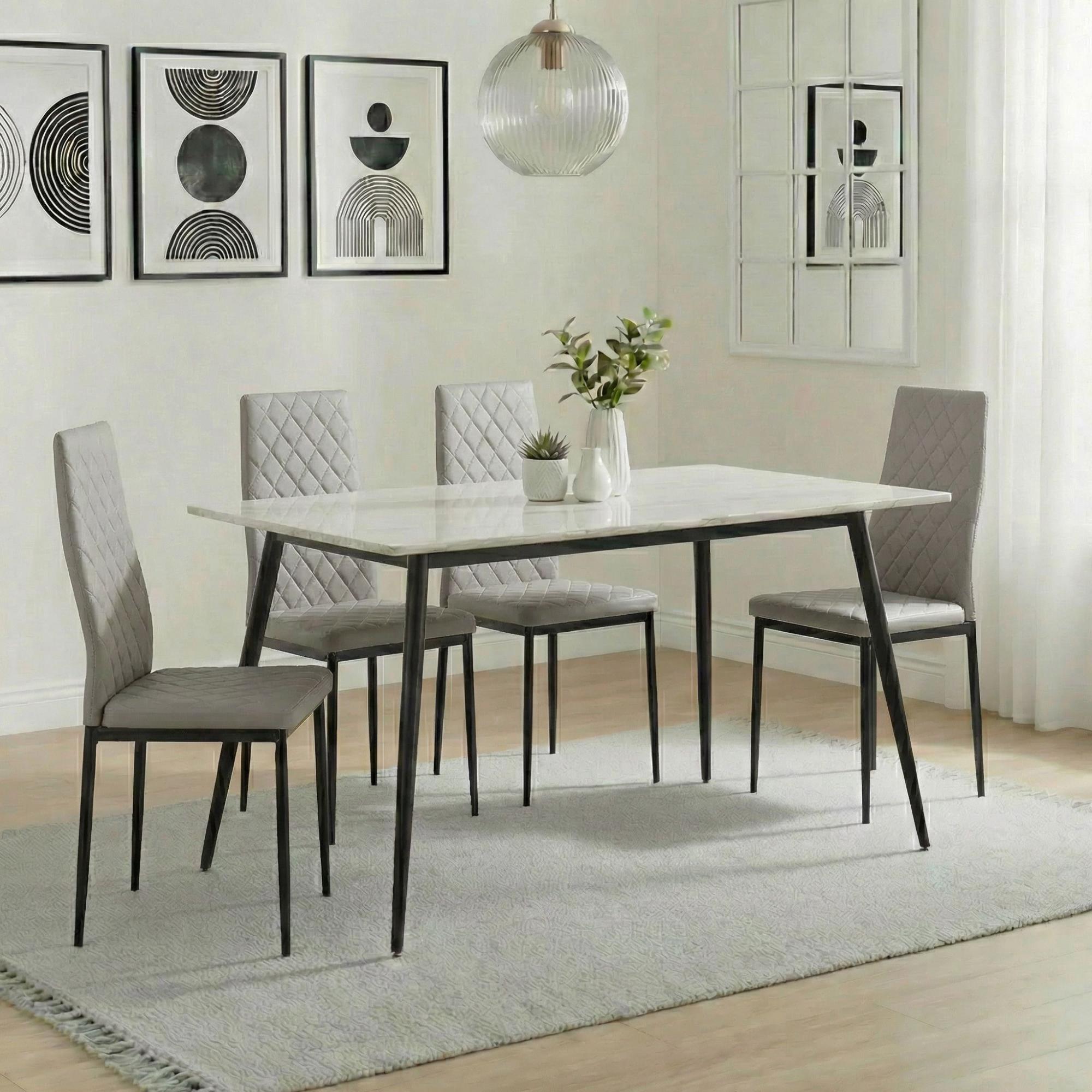 Breton Compact Dining Set - 4 Seater - 120cm - White Ceramic - 4x Metro Dining Chairs - Beige Leather - Black Legs