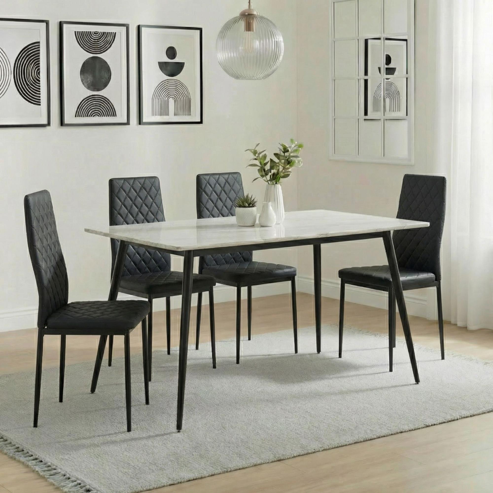 Breton Compact Dining Set - 4 Seater - 120cm - White Ceramic - 4x Metro Dining Chairs - Black Leather - Black Legs
