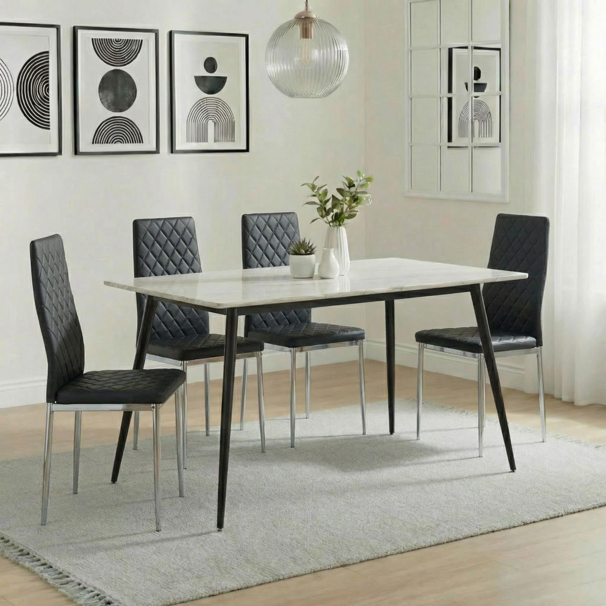 Breton Compact Dining Set - 4 Seater - 120cm - White Ceramic - 4x Metro Dining Chairs - Black Leather - Chrome Legs