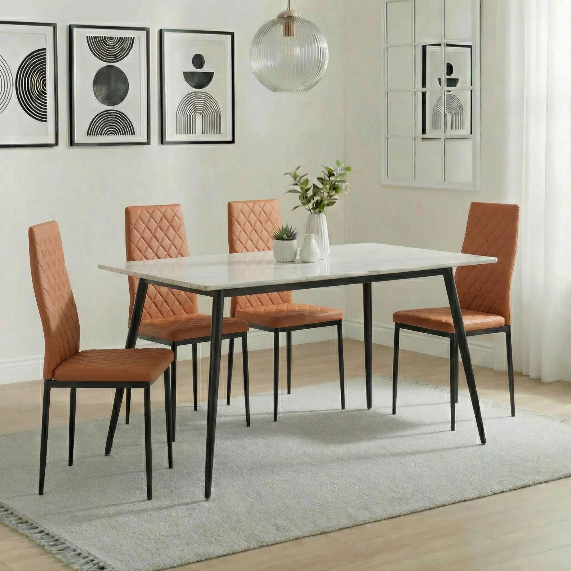 Breton Compact Dining Set - 4 Seater - 120cm - White Ceramic - 4x Metro Dining Chairs - Burnt Orange Leather - Black Legs