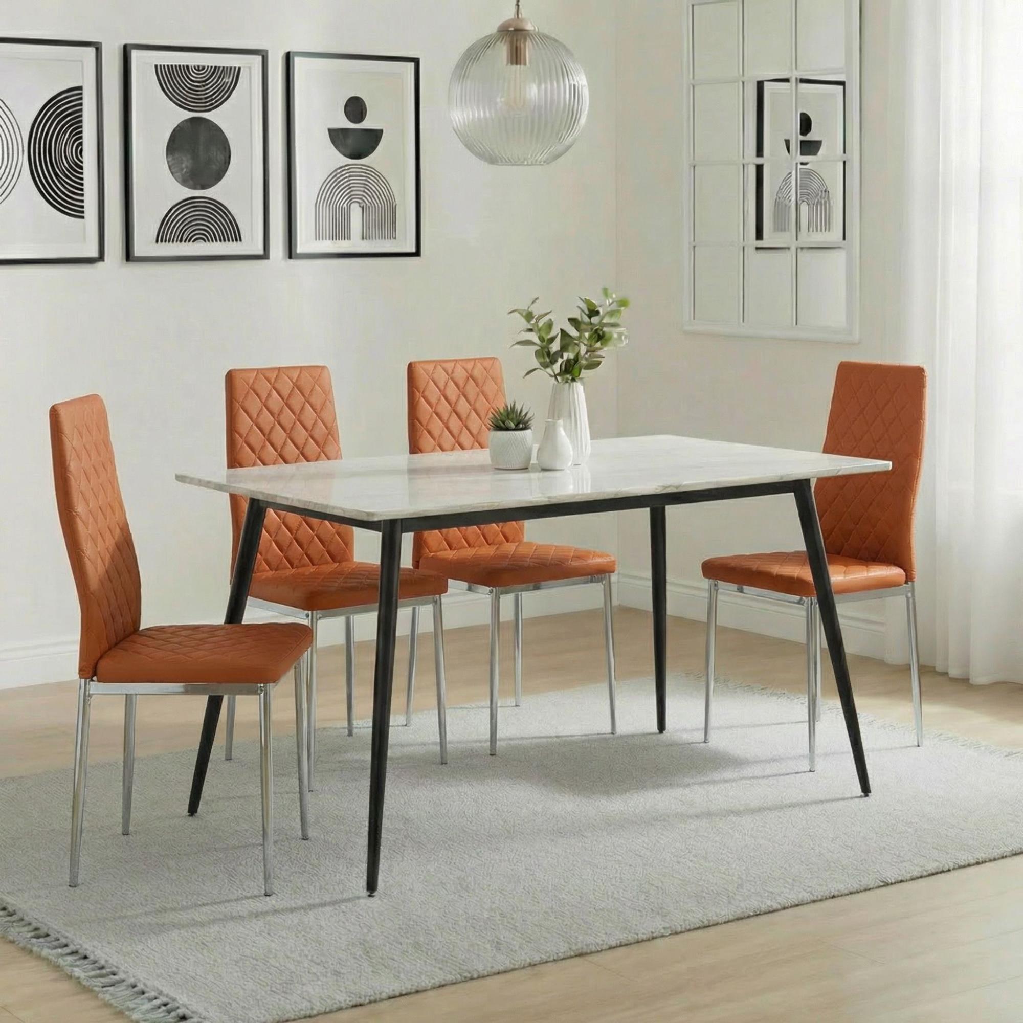 Breton Compact Dining Set - 4 Seater - 120cm - White Ceramic - 4x Metro Dining Chairs - Burnt Orange Leather - Chrome Legs
