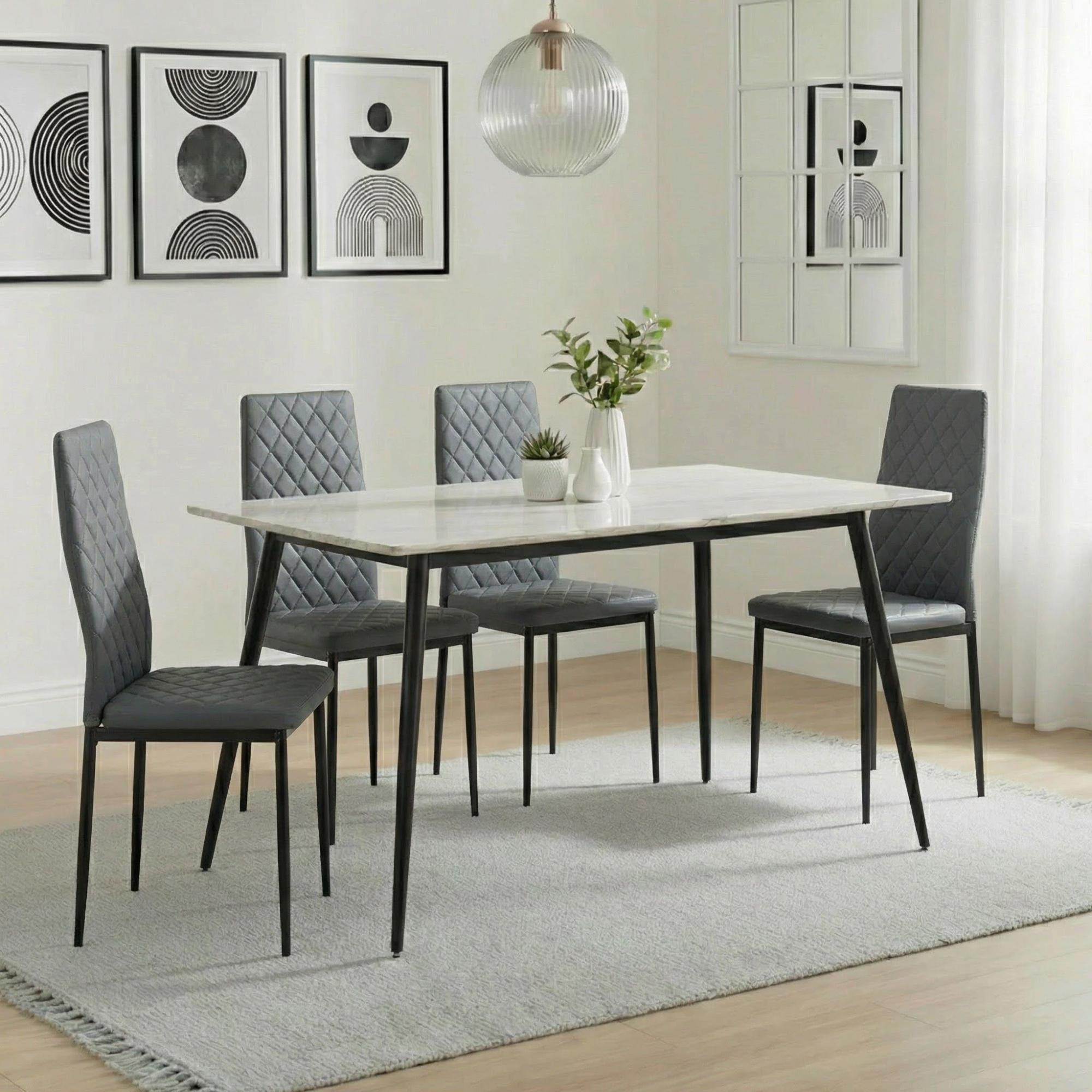 Breton Compact Dining Set - 4 Seater - 120cm - White Ceramic - 4x Metro Dining Chairs - Grey Leather - Black Legs