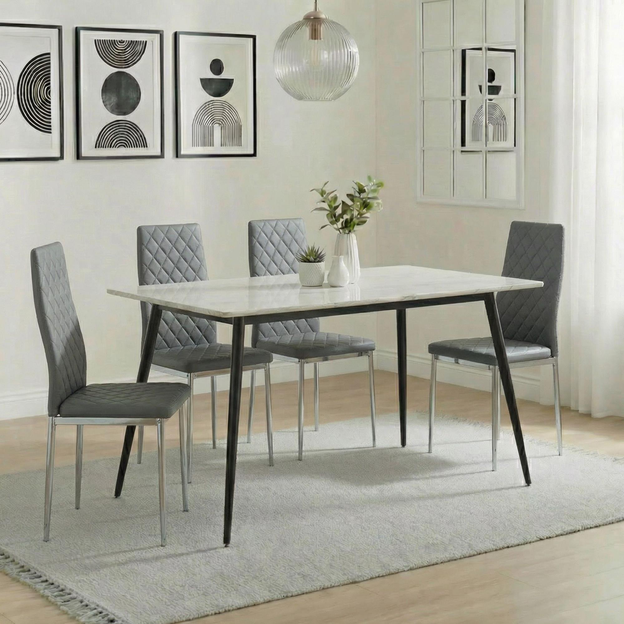 Breton Compact Dining Set - 4 Seater - 120cm - White Ceramic - 4x Metro Dining Chairs - Grey Leather - Chrome Legs