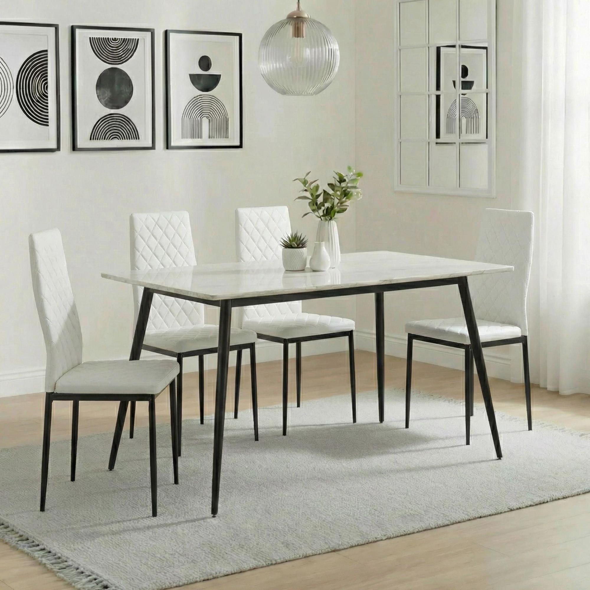 Breton Compact Dining Set - 4 Seater - 120cm - White Ceramic - 4x Metro Dining Chairs - White Leather - Black Legs