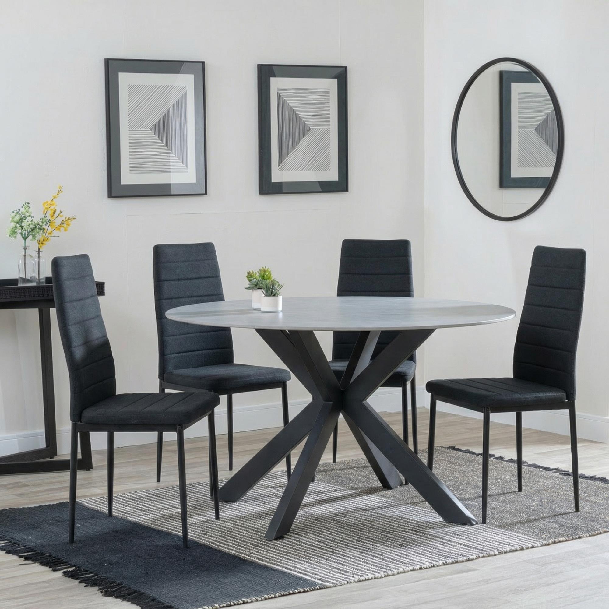 Novara Dining Set - 4 Seater - 130cm - Round - White Ceramic - 4x Lido Dining Chairs - Black Fabric - Black Legs