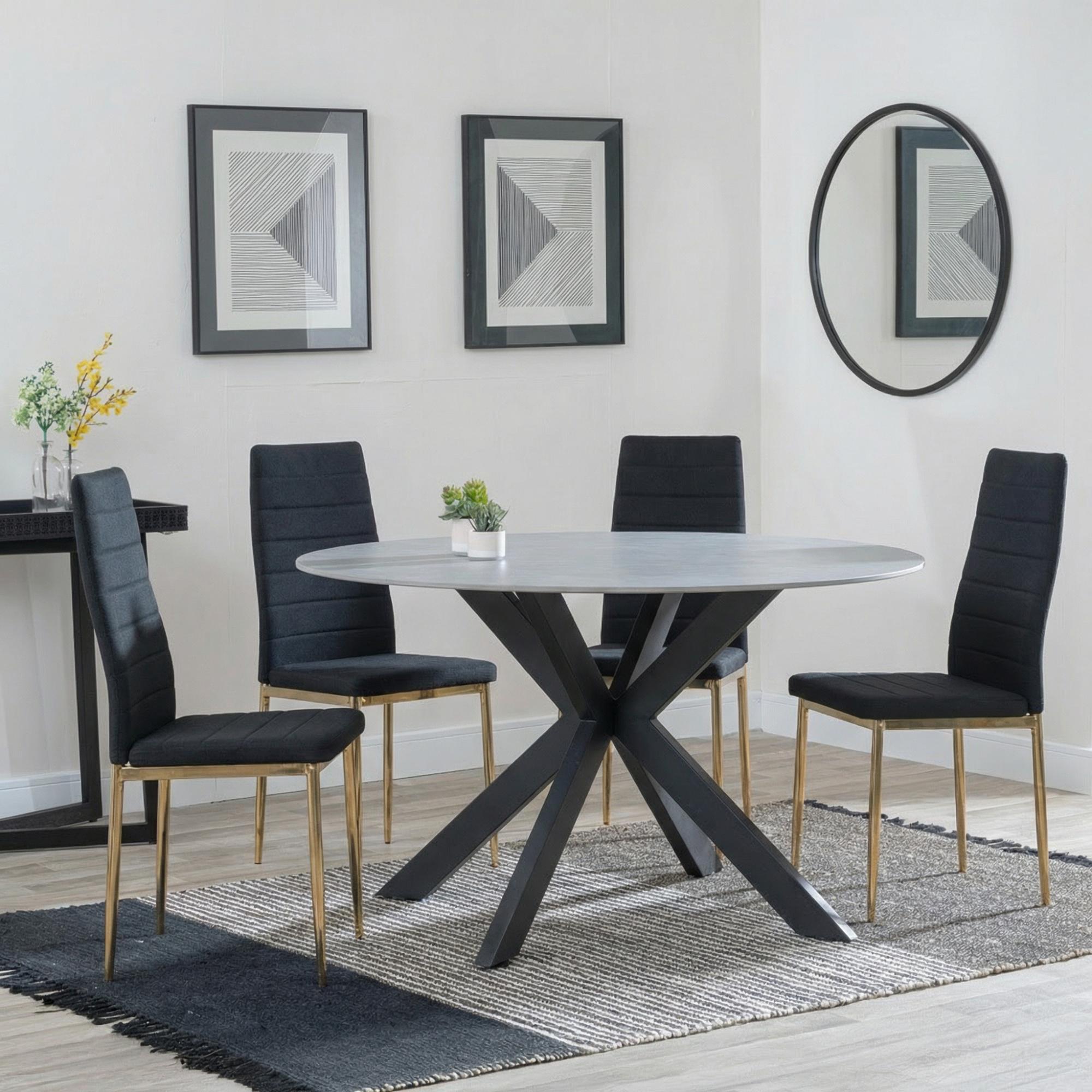 Novara Dining Set - 4 Seater - 130cm - Round - White Ceramic - 4x Lido Dining Chairs - Black Fabric - Gold Legs