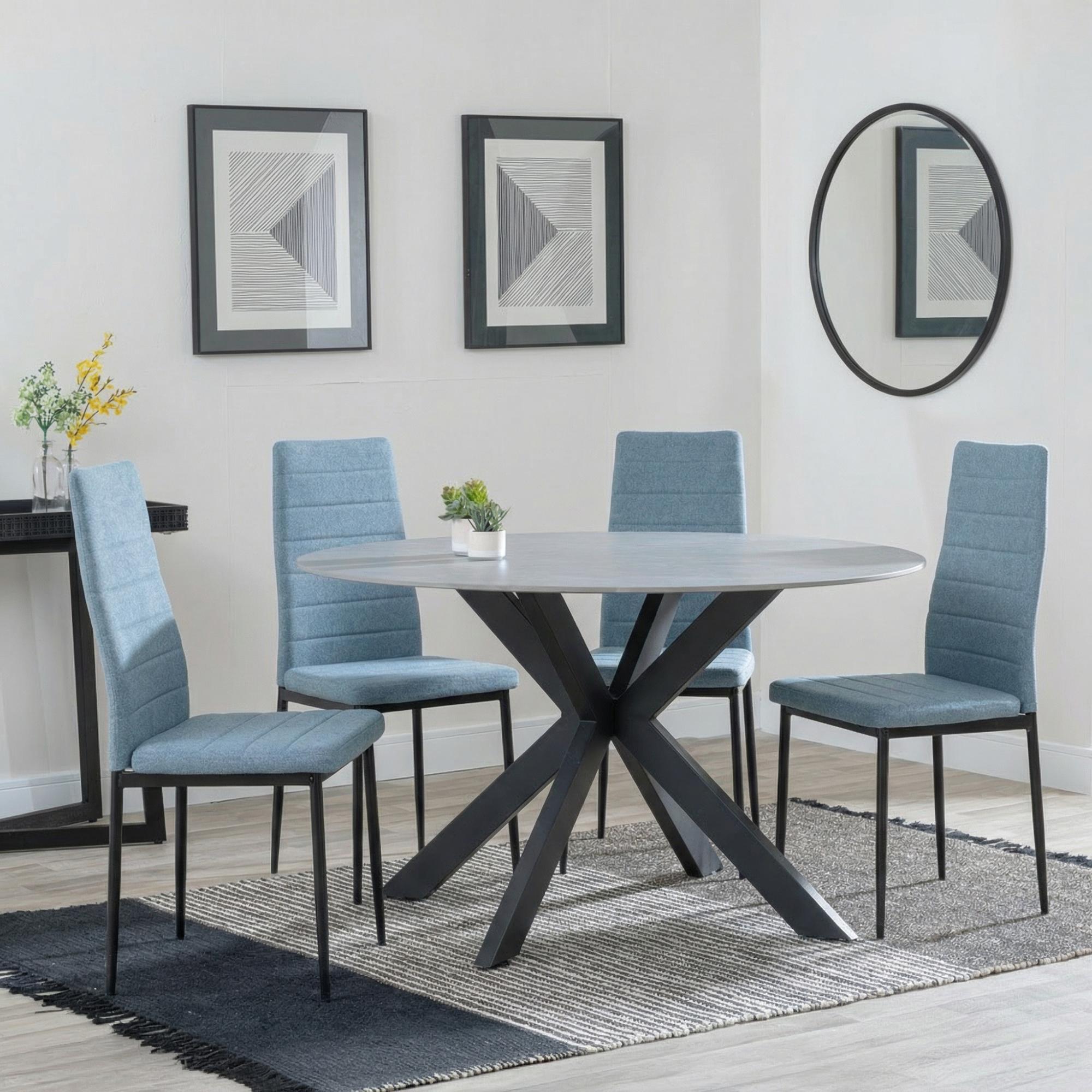 Novara Dining Set - 4 Seater - 130cm - Round - White Ceramic - 4x Lido Dining Chairs - Blue Fabric - Black Legs