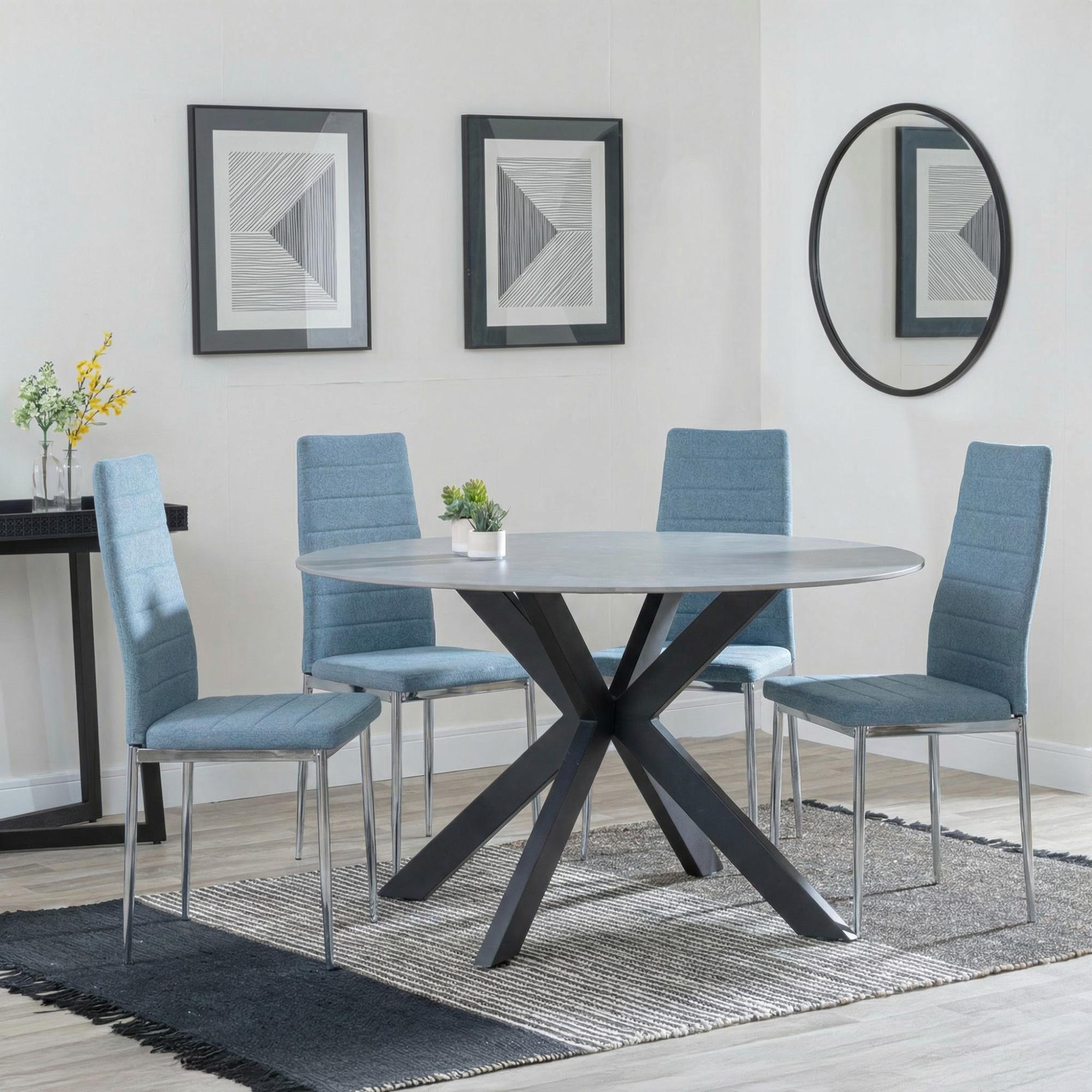 Novara Dining Set - 4 Seater - 130cm - Round - White Ceramic - 4x Lido Dining Chairs - Blue Fabric - Chrome Legs