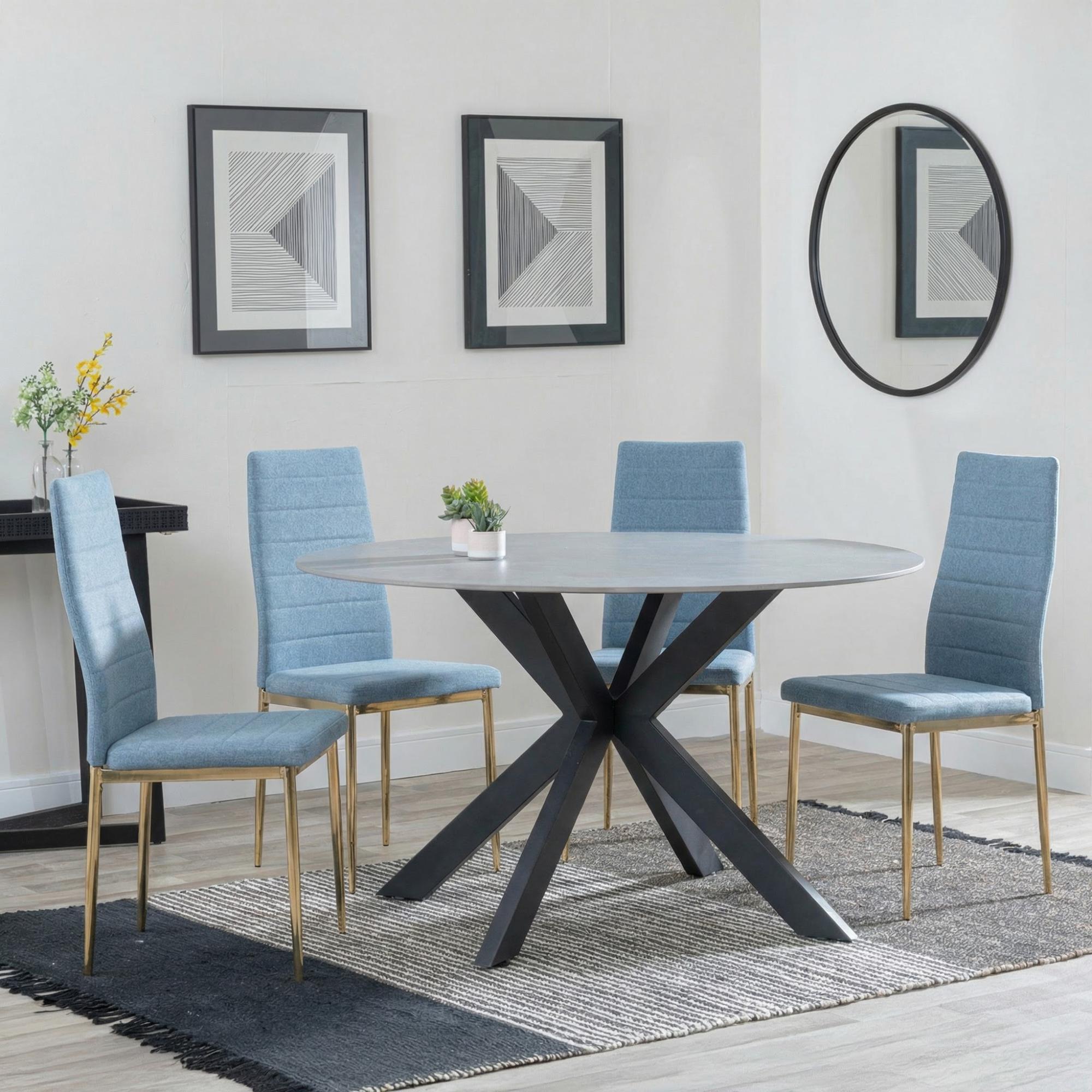Novara Dining Set - 4 Seater - 130cm - Round - White Ceramic - 4x Lido Dining Chairs - Blue Fabric - Gold Legs