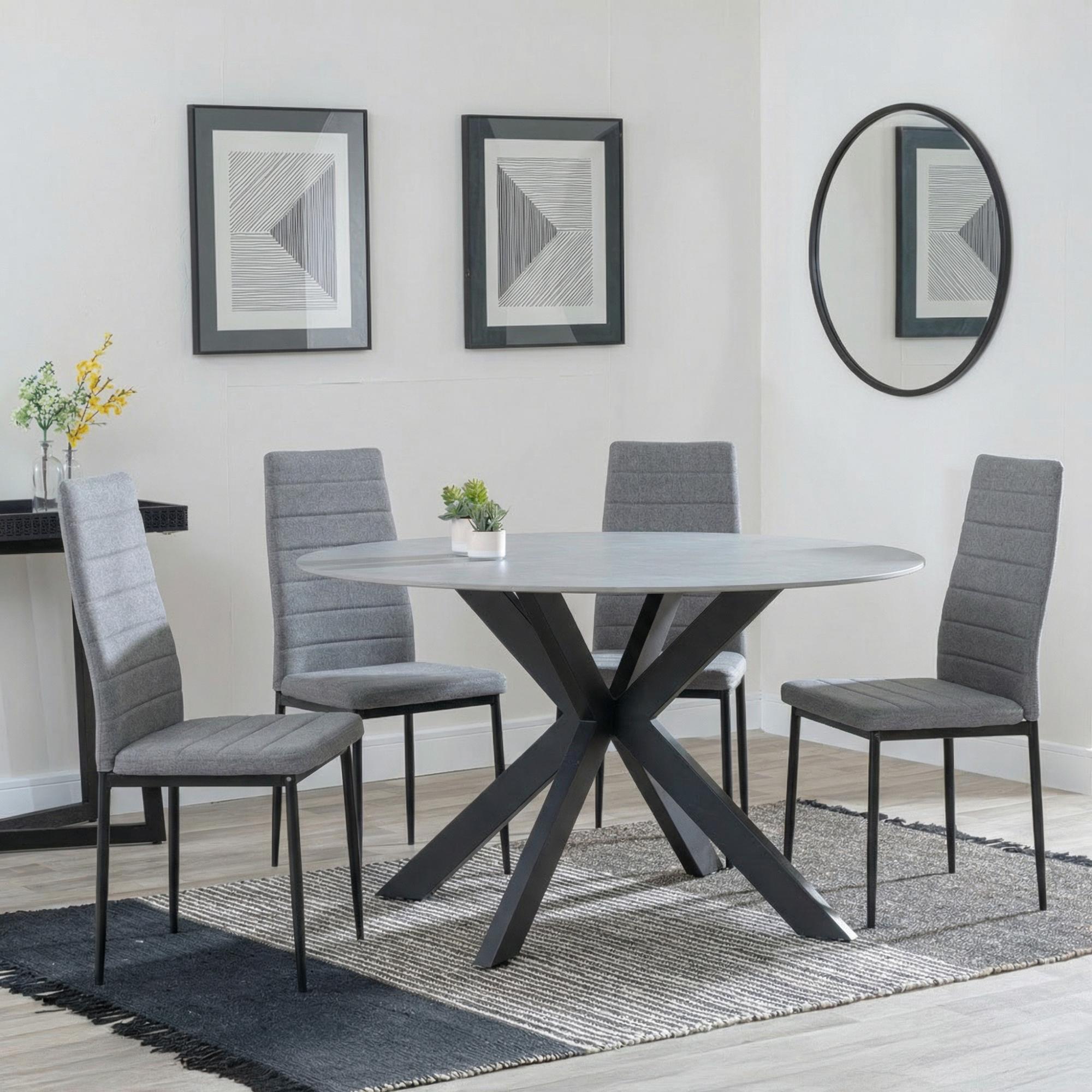 Novara Dining Set - 4 Seater - 130cm - Round - White Ceramic - 4x Lido Dining Chairs - Dark Grey Fabric - Black Legs