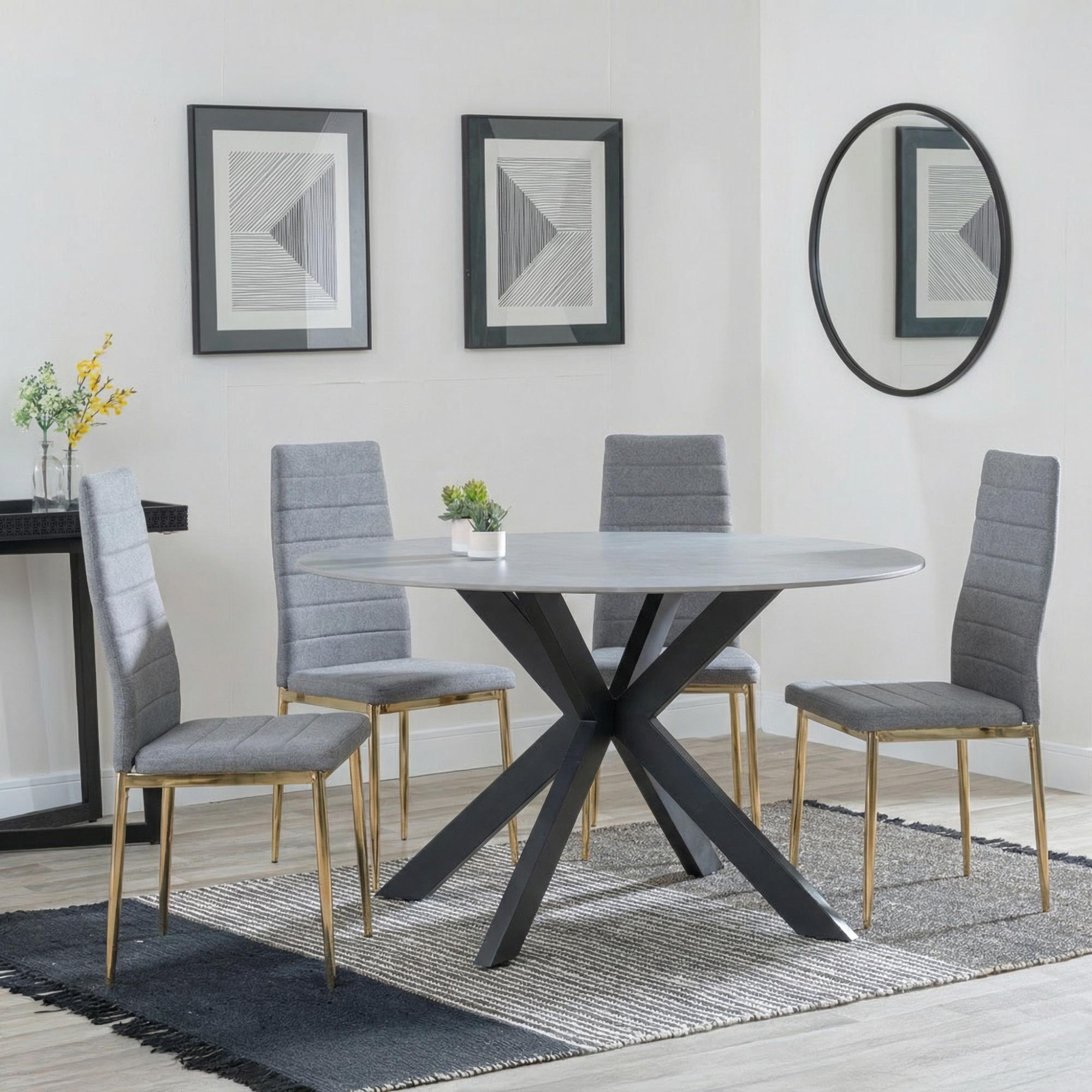 Novara Dining Set - 4 Seater - 130cm - Round - White Ceramic - 4x Lido Dining Chairs - Dark Grey Fabric - Gold Legs