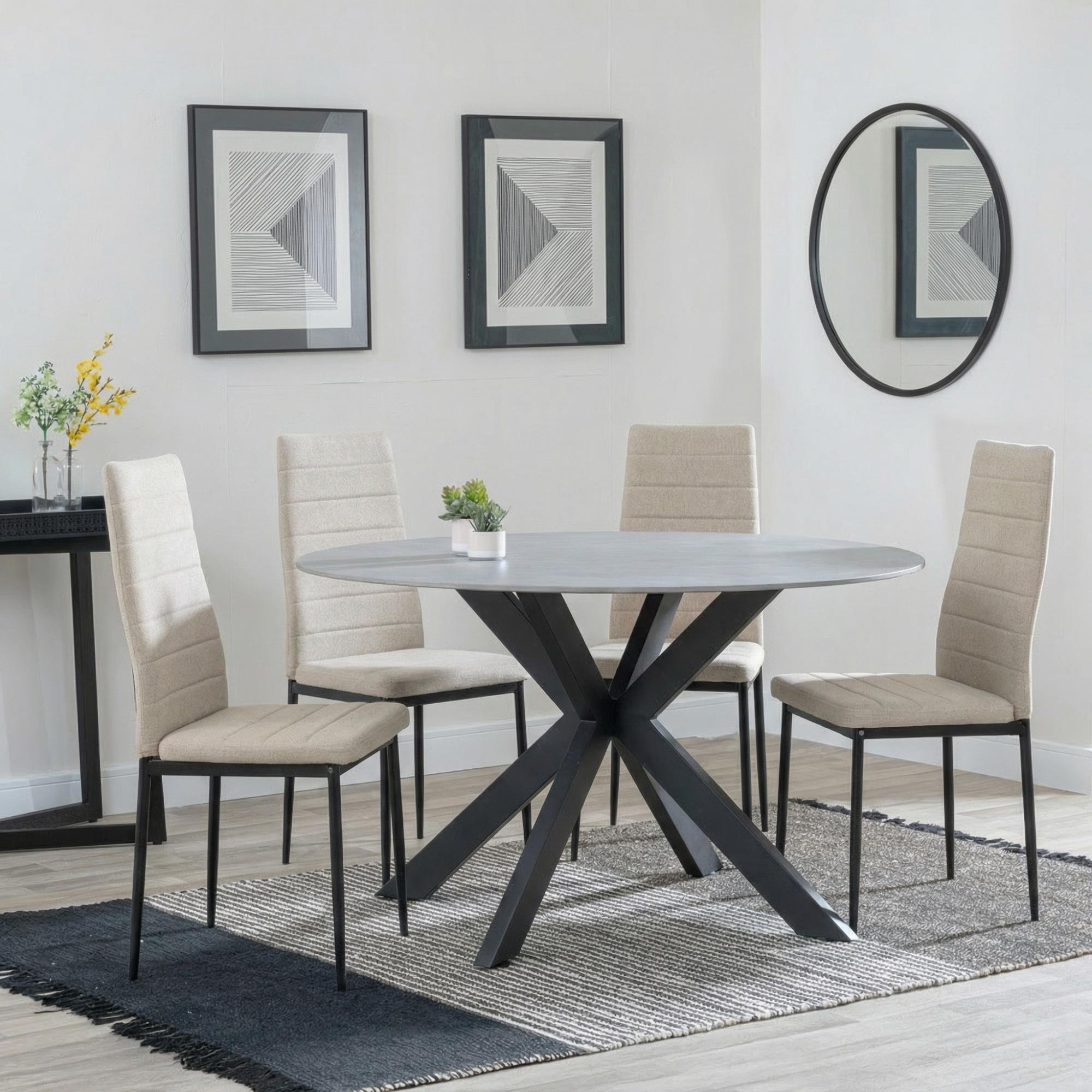 Novara Dining Set - 4 Seater - 130cm - Round - White Ceramic - 4x Lido Dining Chairs - Sand Fabric - Black Legs