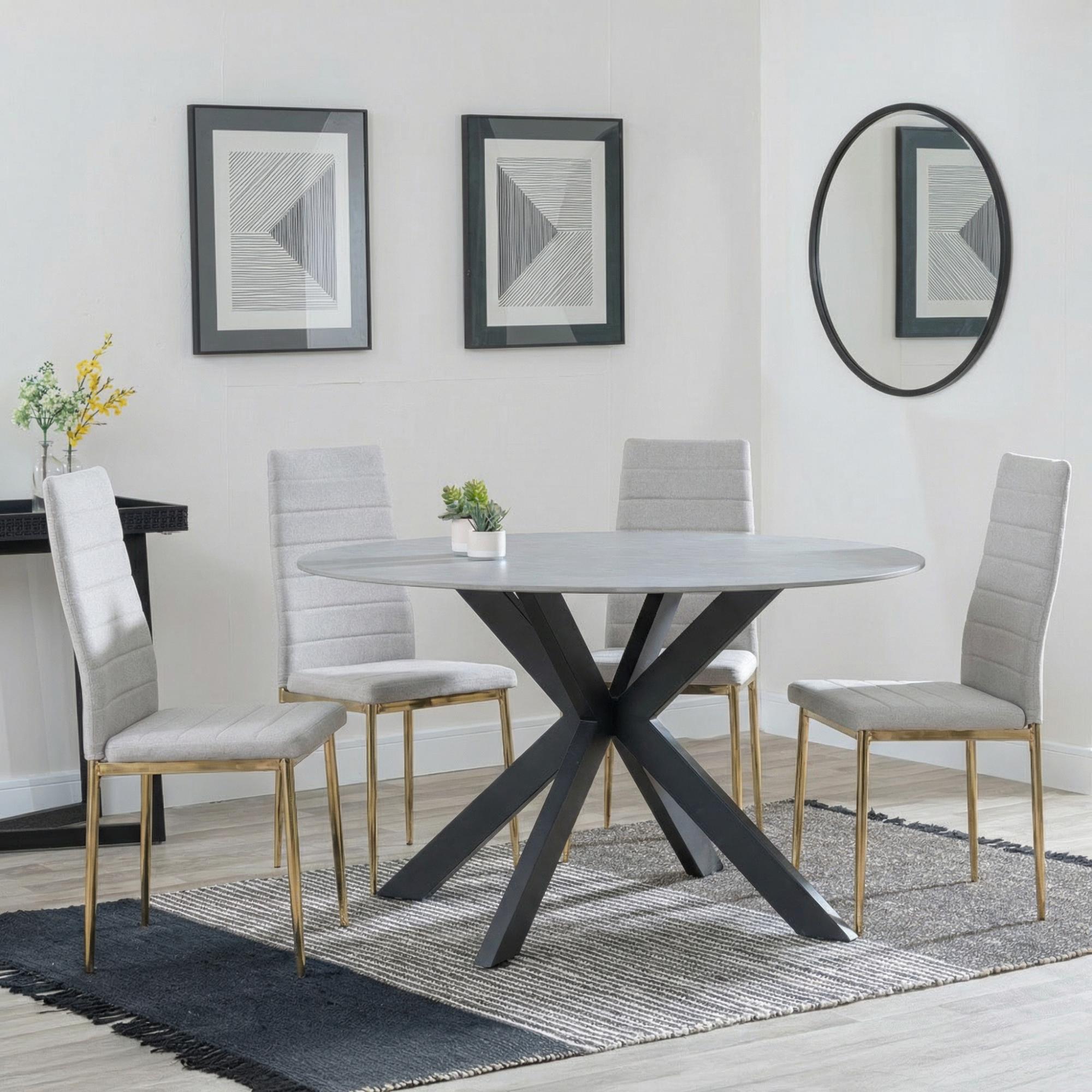 Novara Dining Set - 4 Seater - 130cm - Round - White Ceramic - 4x Lido Dining Chairs - Sand Fabric - Gold Legs