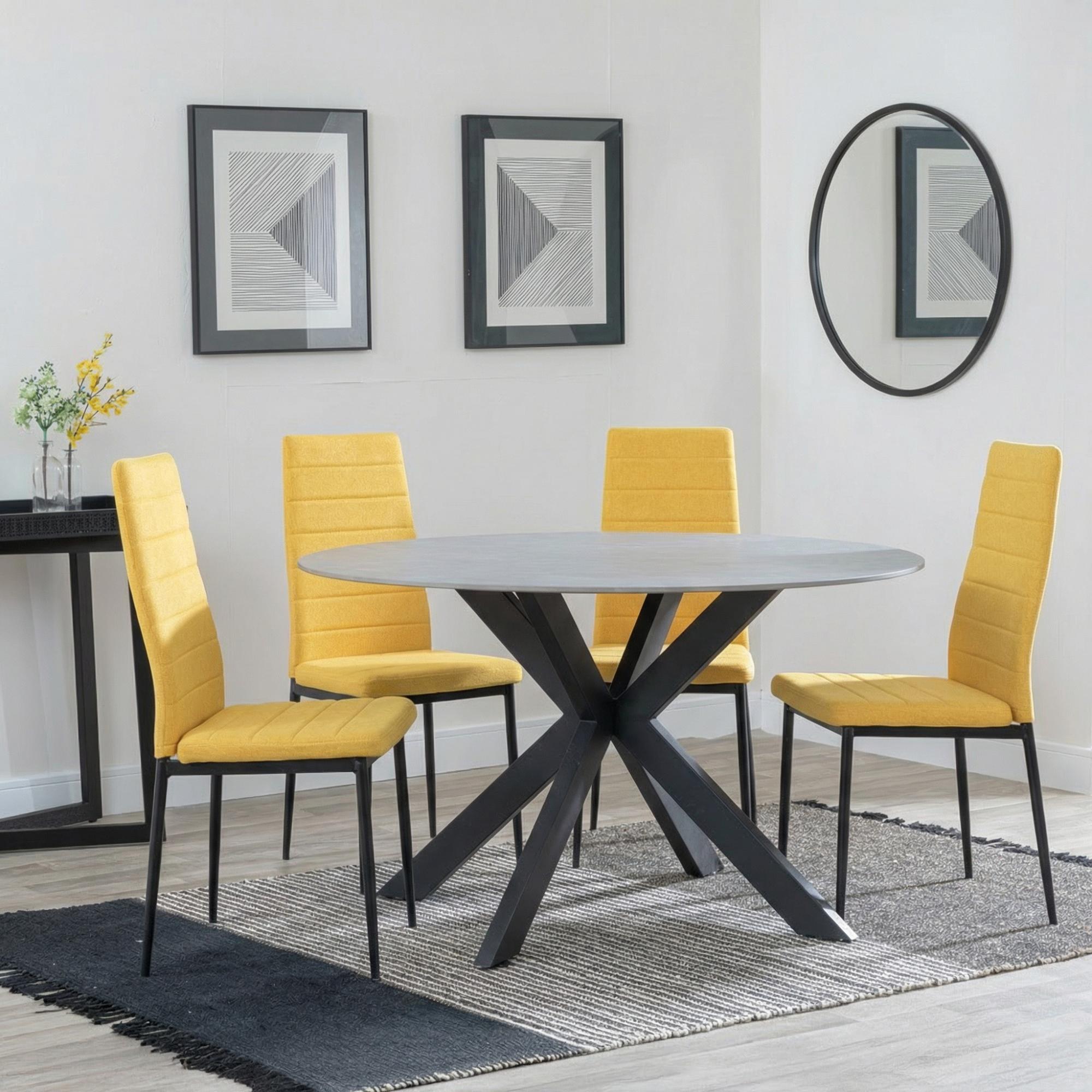 Novara Dining Set - 4 Seater - 130cm - Round - White Ceramic - 4x Lido Dining Chairs - Yellow Fabric - Black Legs