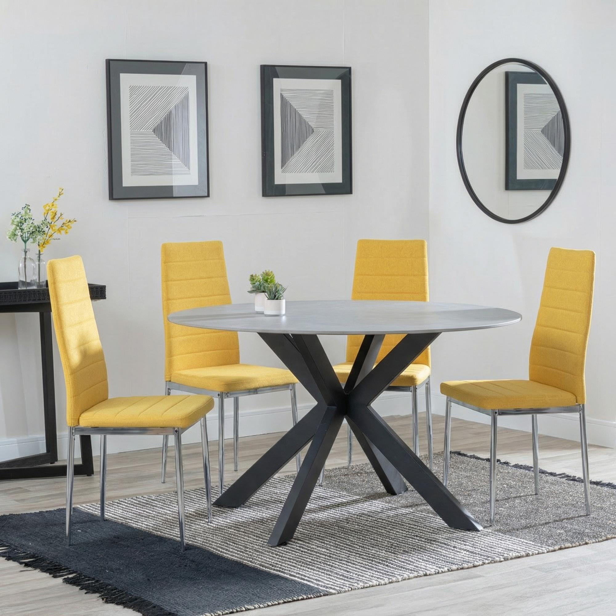 Novara Dining Set - 4 Seater - 130cm - Round - White Ceramic - 4x Lido Dining Chairs - Yellow Fabric - Chrome Legs