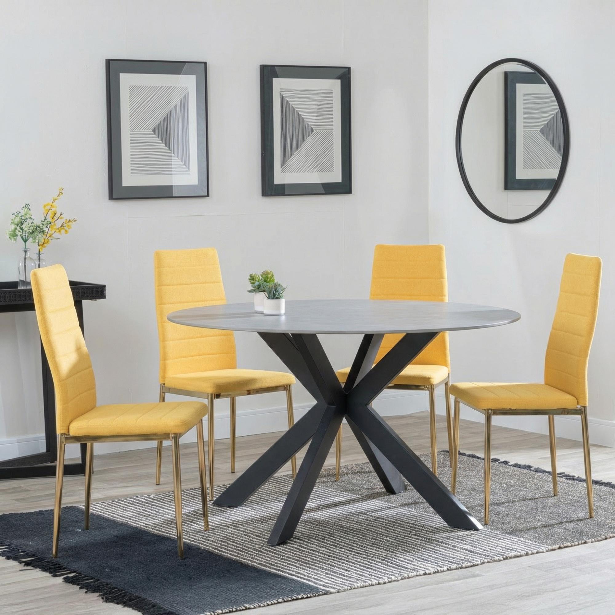 Novara Dining Set - 4 Seater - 130cm - Round - White Ceramic - 4x Lido Dining Chairs - Yellow Fabric - Gold Legs