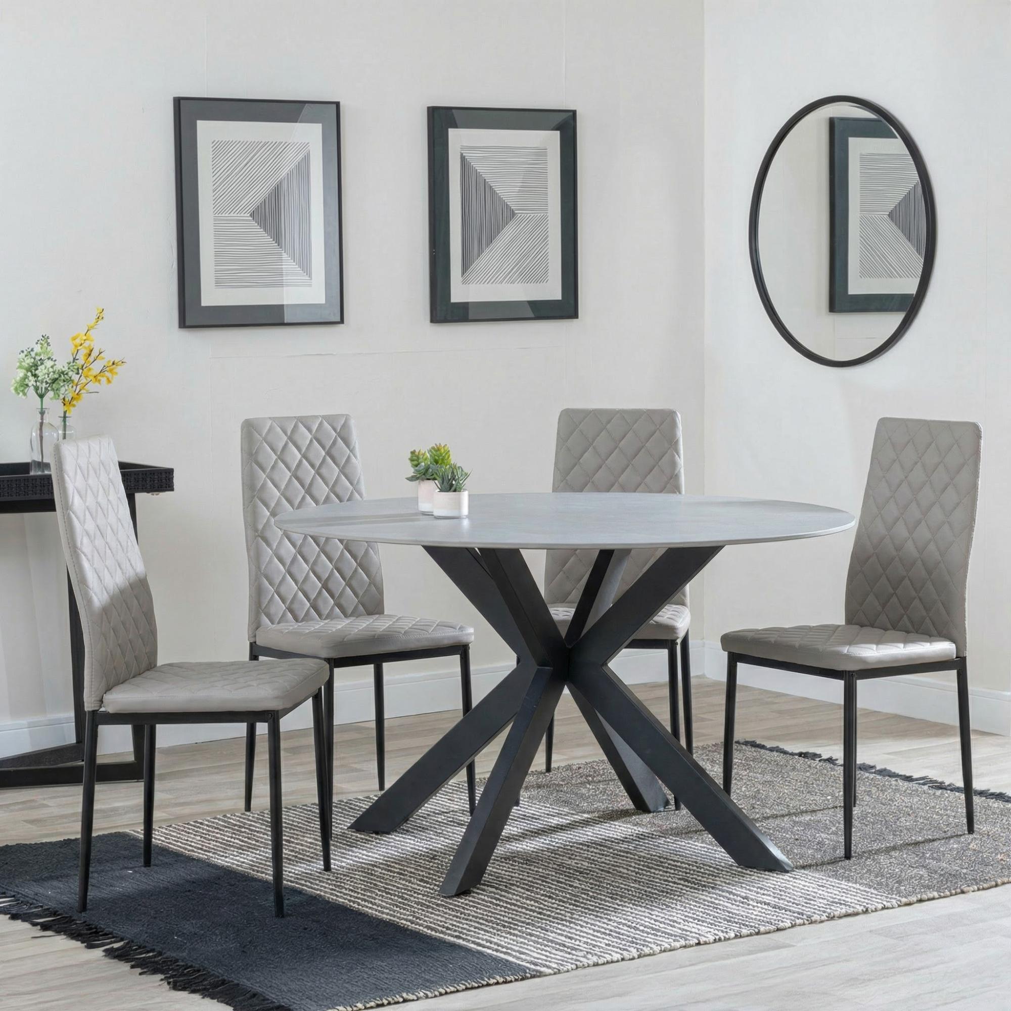 Novara Dining Set - 4 Seater - 130cm - Round - White Ceramic - 4x Metro Dining Chairs - Beige Leather - Black Legs