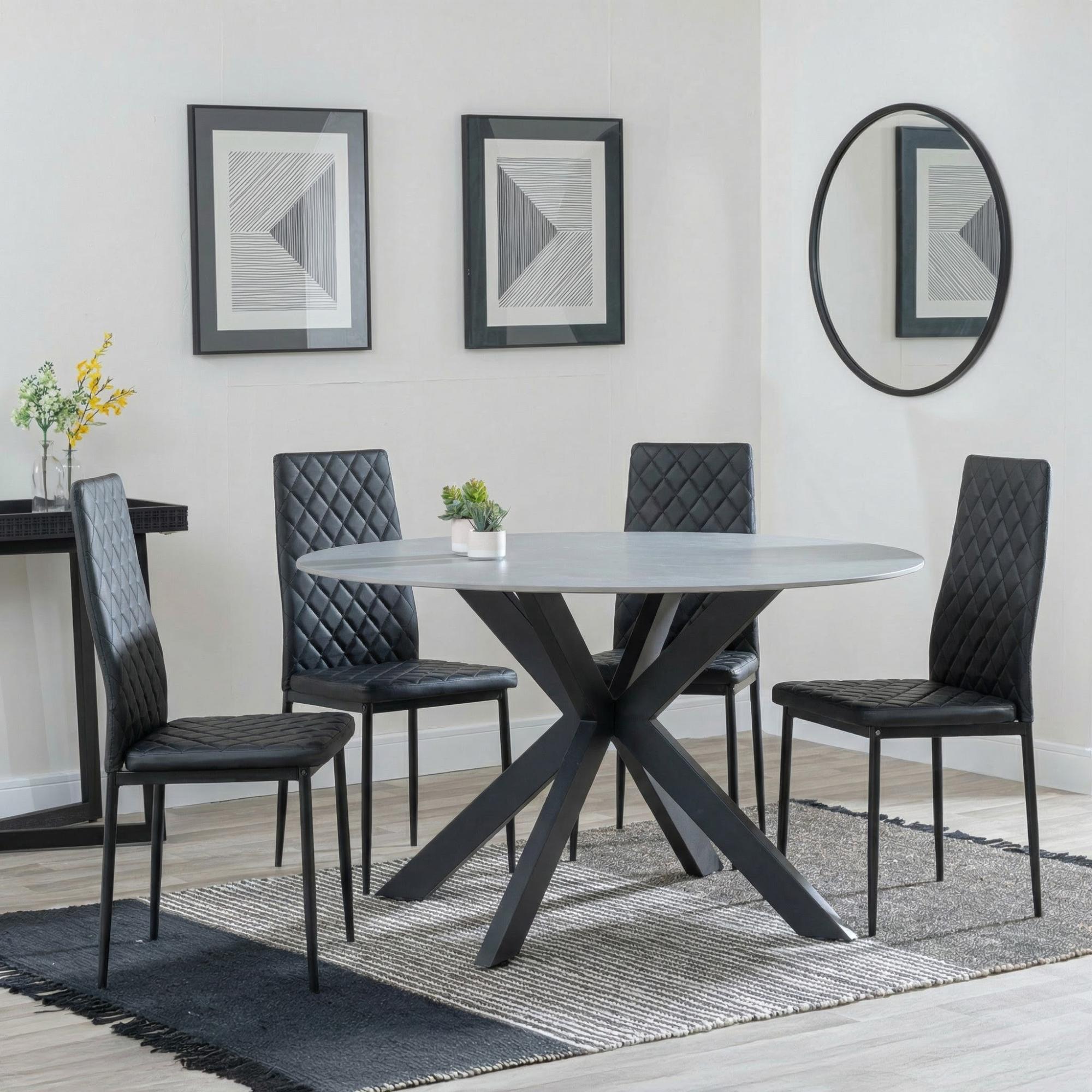 Novara Dining Set - 4 Seater - 130cm - Round - White Ceramic - 4x Metro Dining Chairs - Black Leather - Black Legs