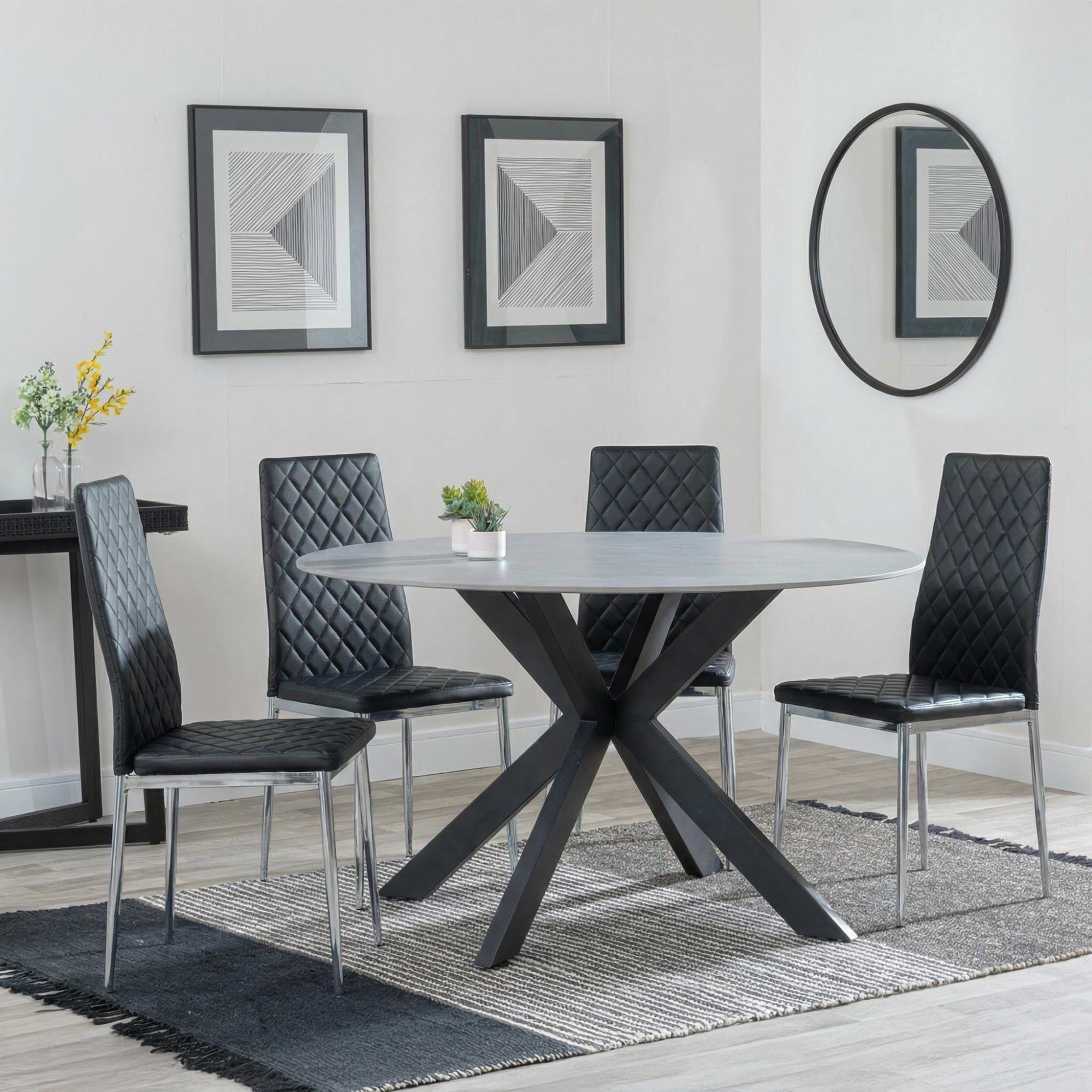 Novara Dining Set - 4 Seater - 130cm - Round - White Ceramic - 4x Metro Dining Chairs - Black Leather - Chrome Legs