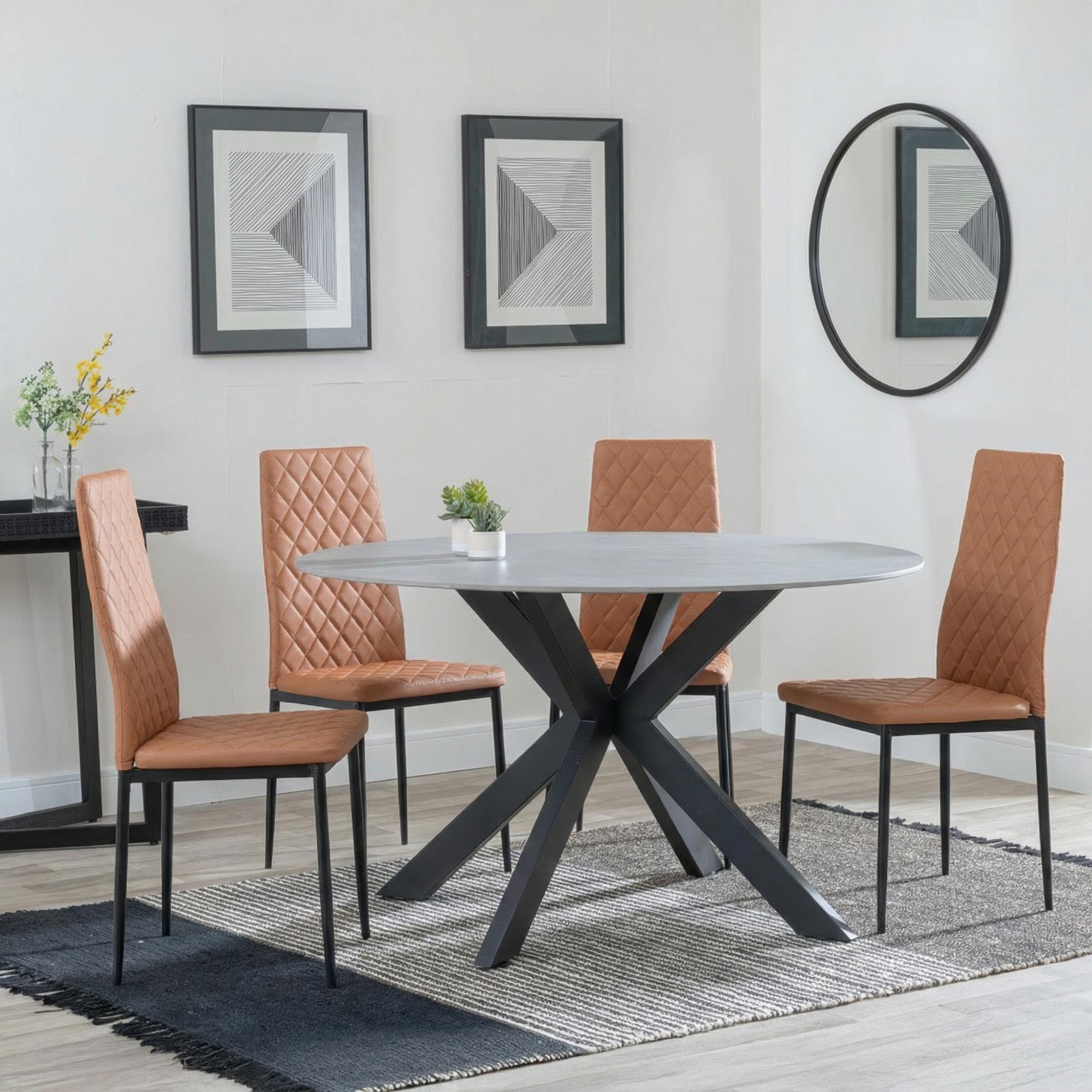Novara Dining Set - 4 Seater - 130cm - Round - White Ceramic - 4x Metro Dining Chairs - Burnt Orange Leather - Black Legs